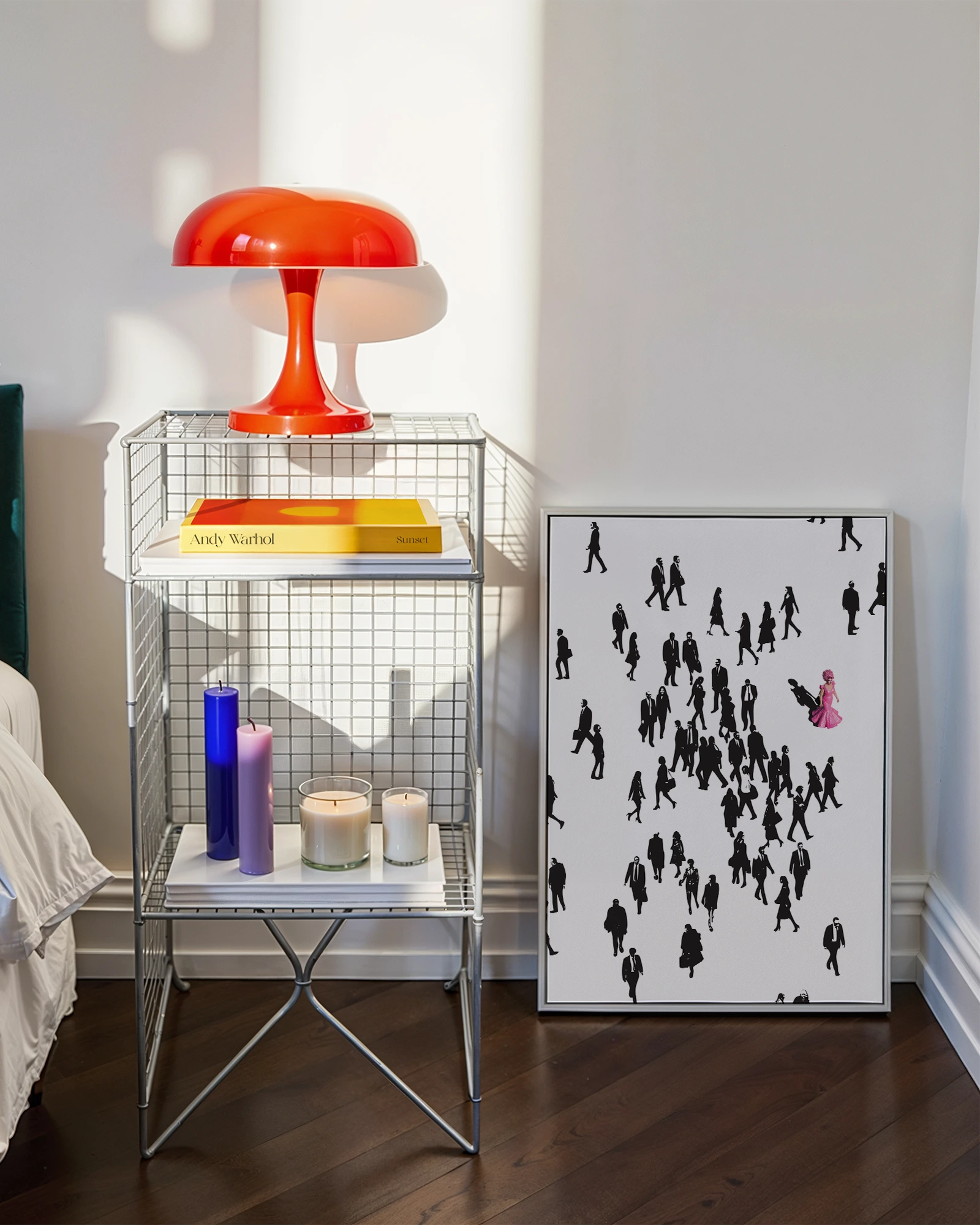 A poster showing a pink drag queen walking against a dull and dark crowd of people, on her way to work.