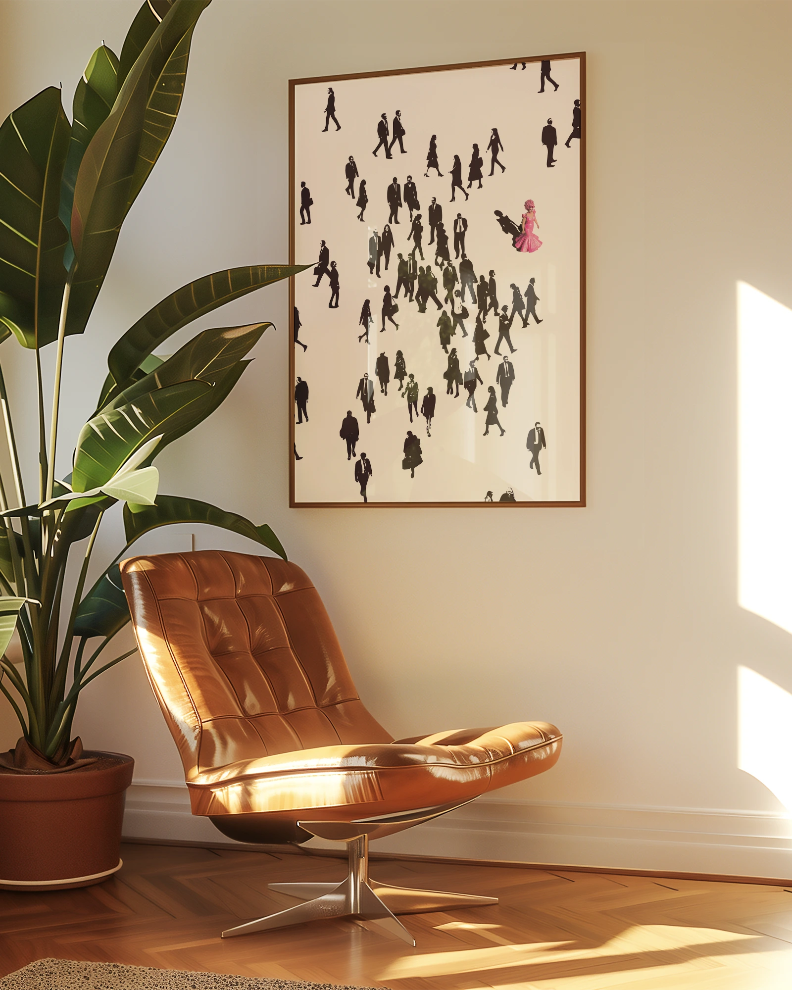 A poster showing a pink drag queen walking against a dull and dark crowd of people, on her way to work.
