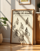 A poster featuring six lesbian women riding bicycles in a 1940s style, with the text: “DYKES ON BIKES” and “THE ORIGINAL LESBIAN HORSEPOWER.”