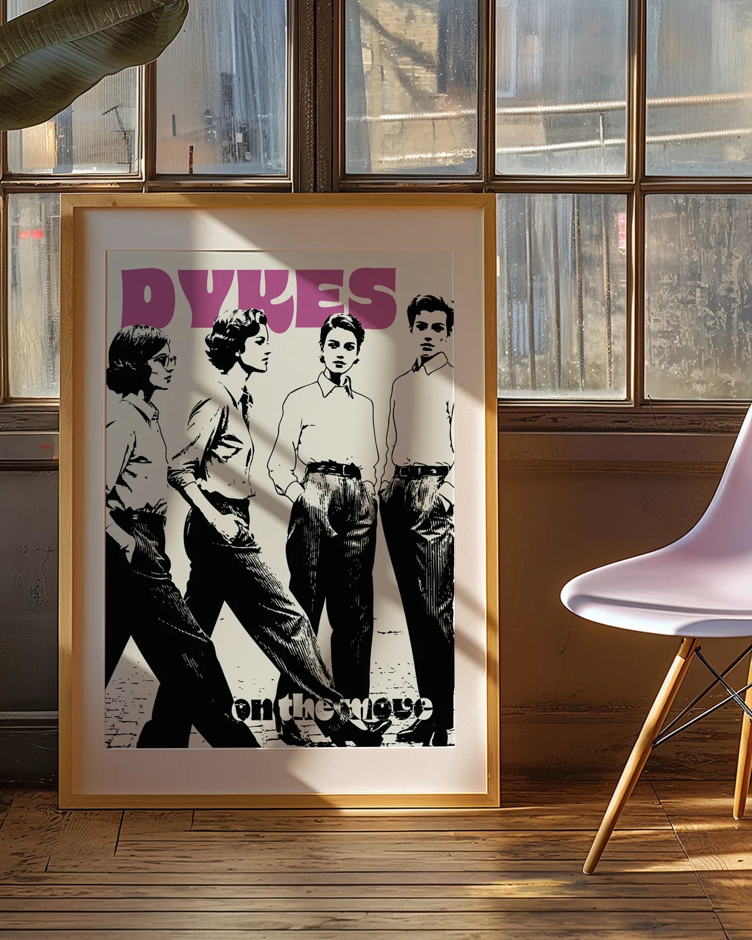 A print with four lesbian women with the text 'Dykes On The Move', in retro style.