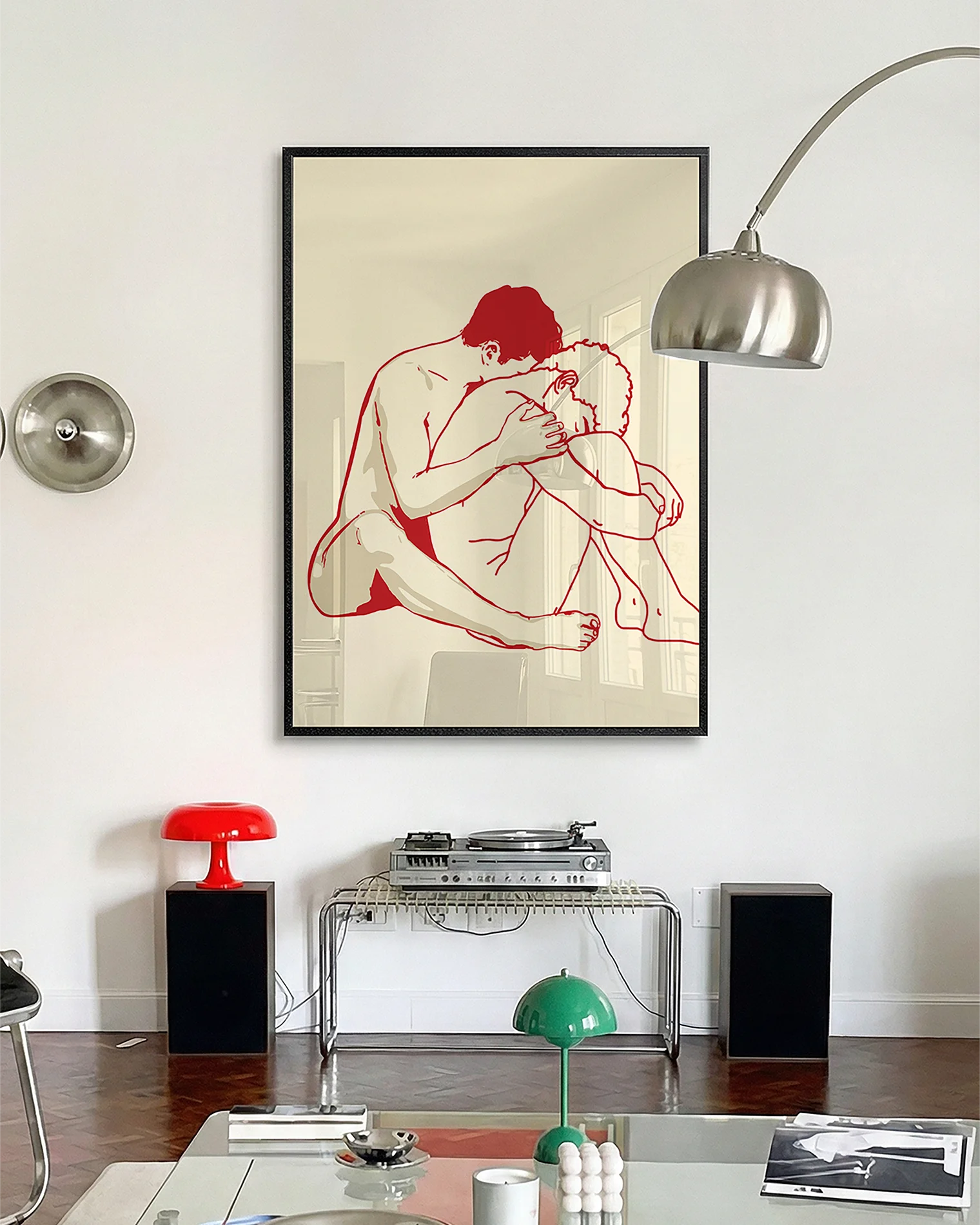 A poster with two men in lineart style, embracing each other.