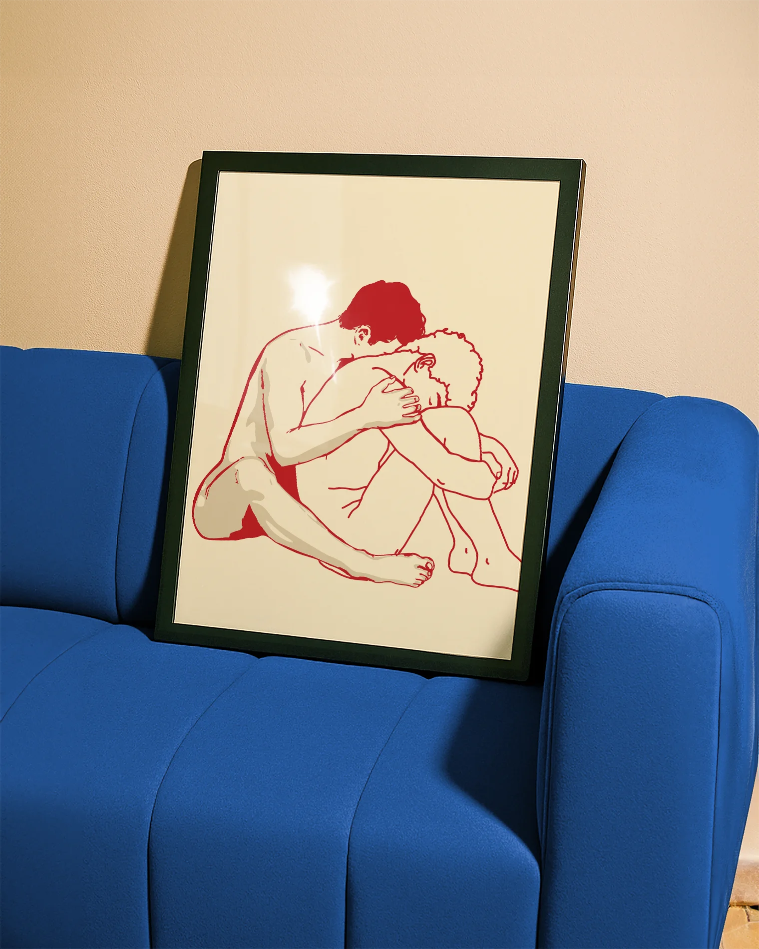 A poster with two men in lineart style, embracing each other.
