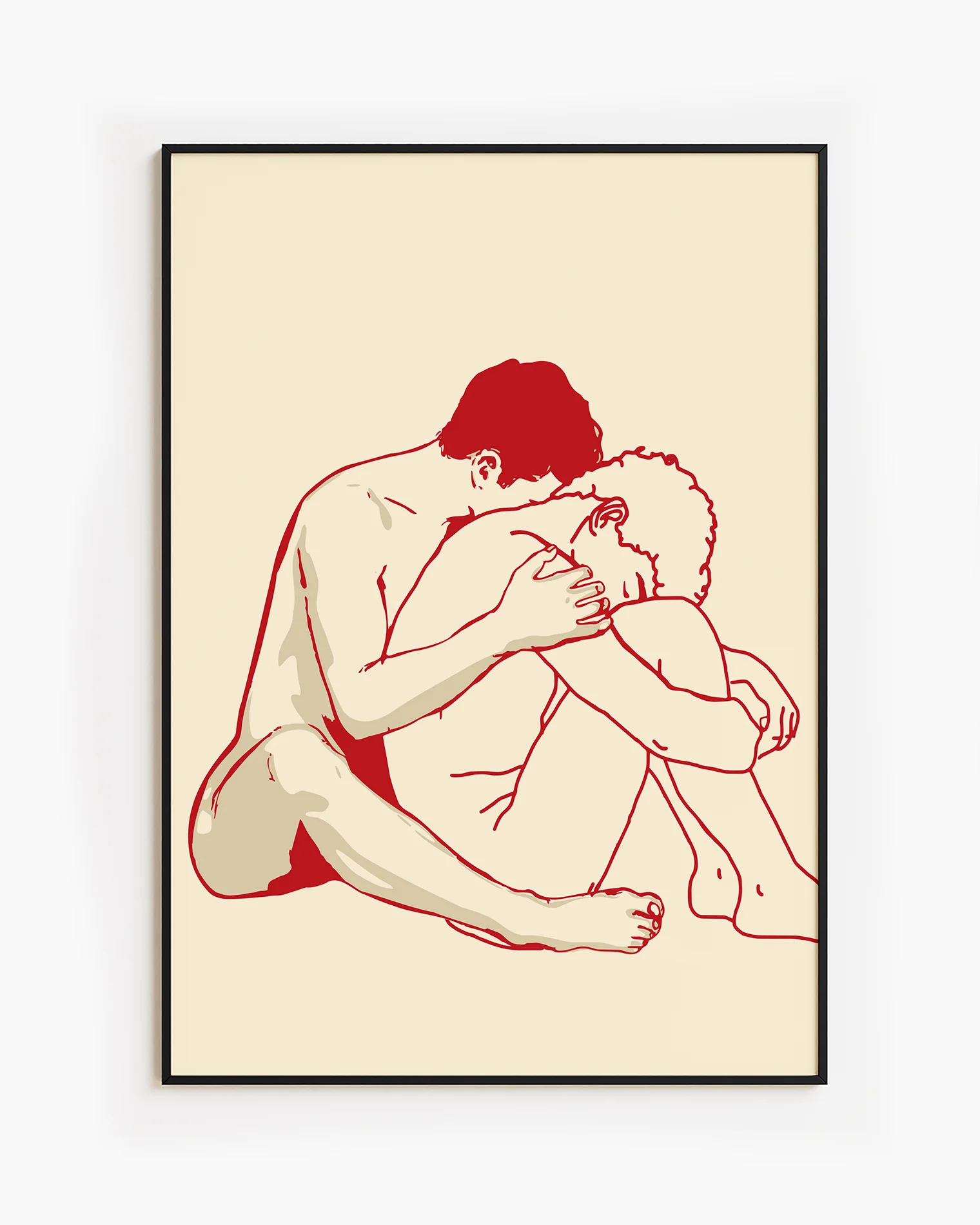 A poster with two men in lineart style, embracing each other.