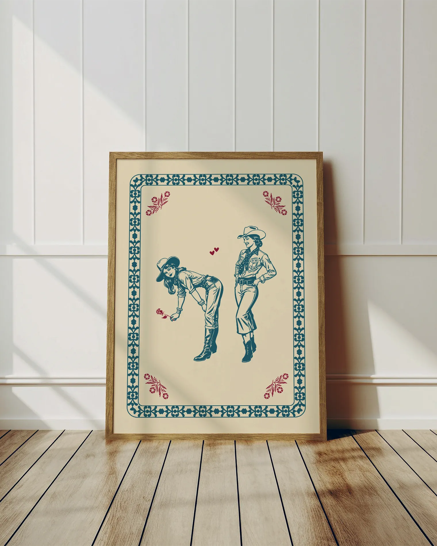 A print with a lesbian cowgirl couple flirting.