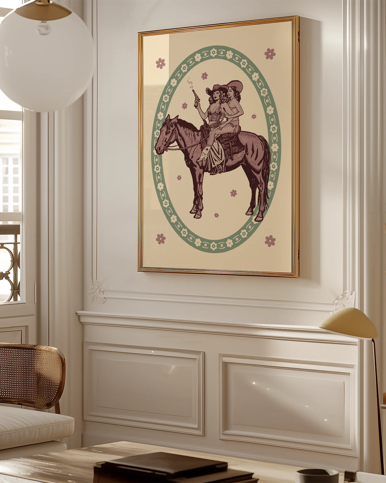 A framed poster featuring two lesbian cowgirls sitting on a horse, surrounded by a retro-style floral frame.