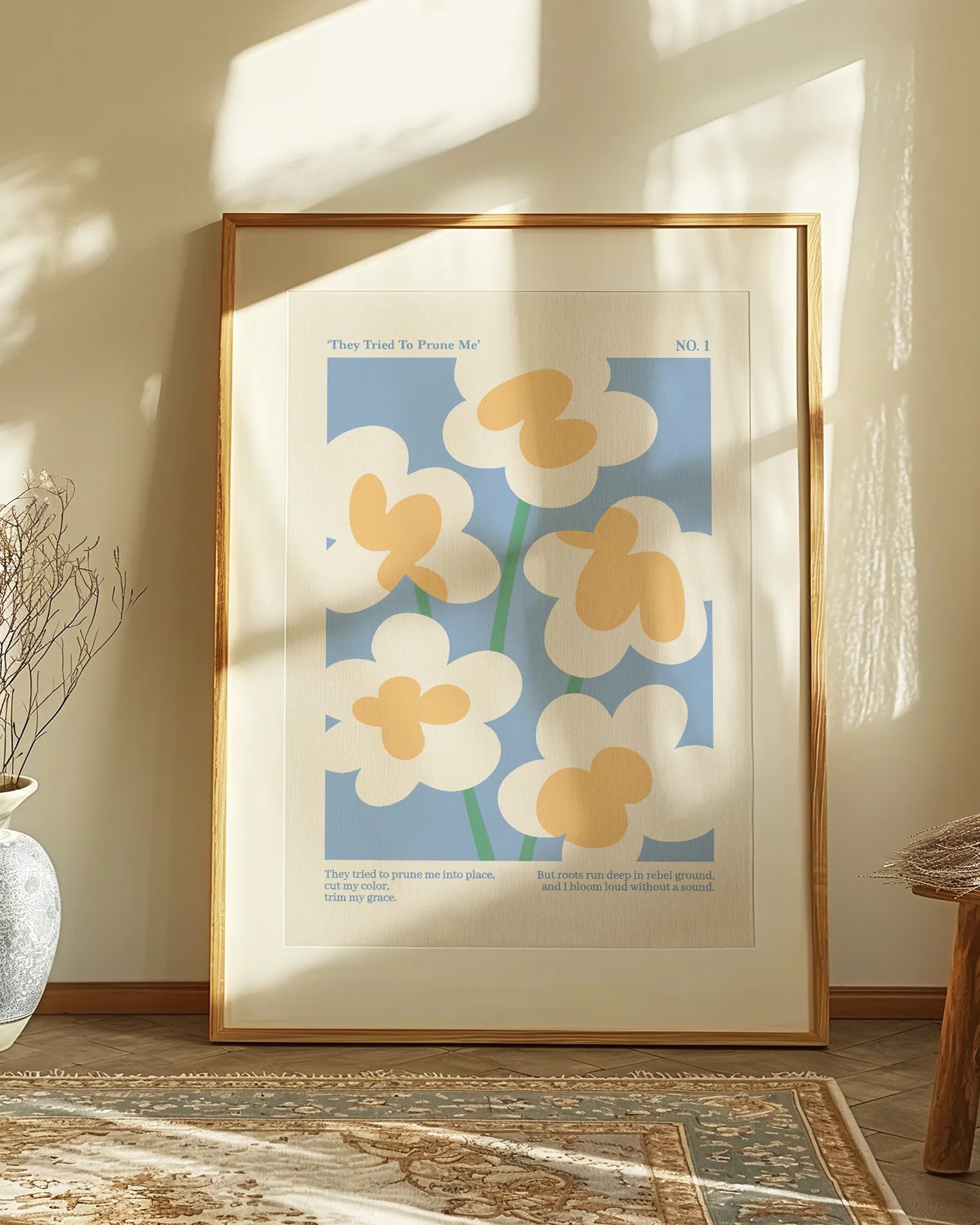 A print with retro flowers and a queer poem.