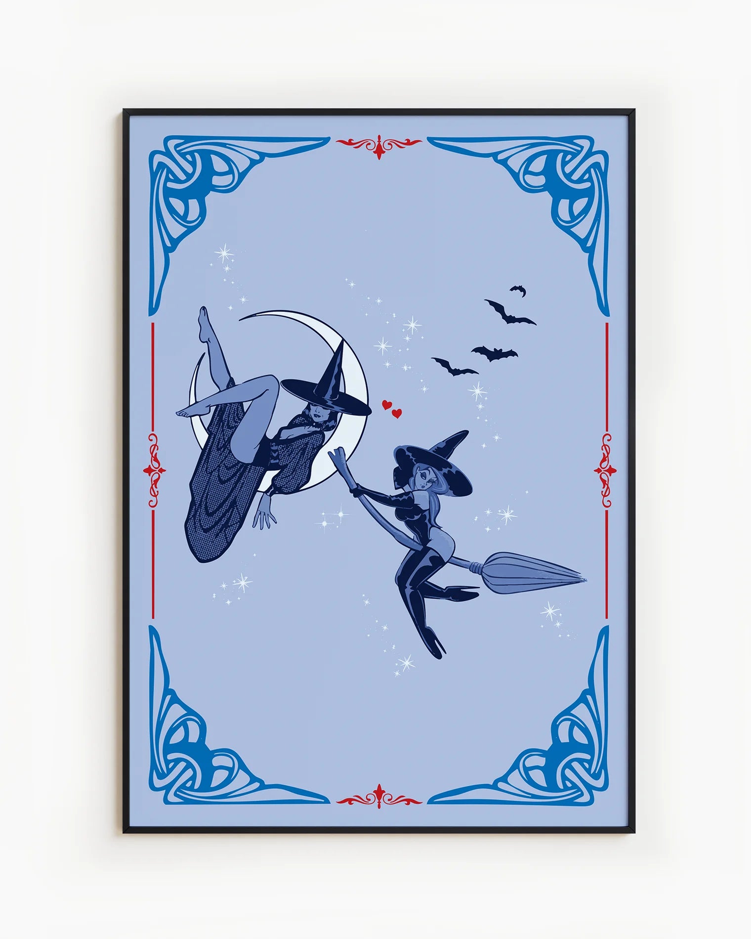 A poster featuring two lesbian witches—one flying on her broomstick while the other lies on the moon. They share a flirtatious glance, surrounded by stars and bats.