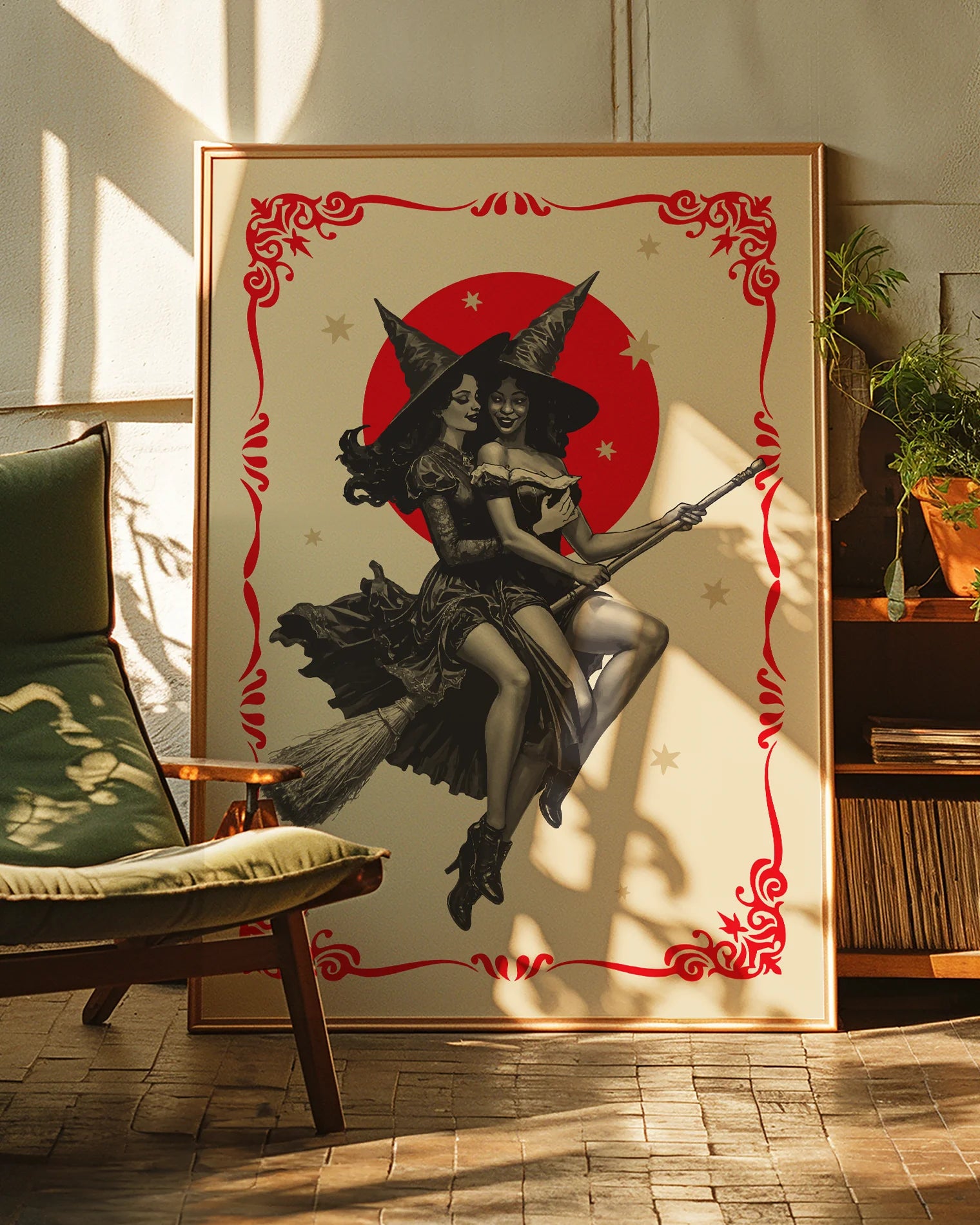 A poster featuring two lesbian witches flying on a broomstick through the night. They share a romantic gaze, surrounded by stars and a large red full moon.