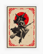 A poster featuring two lesbian witches flying on a broomstick through the night. They share a romantic gaze, surrounded by stars and a large red full moon.