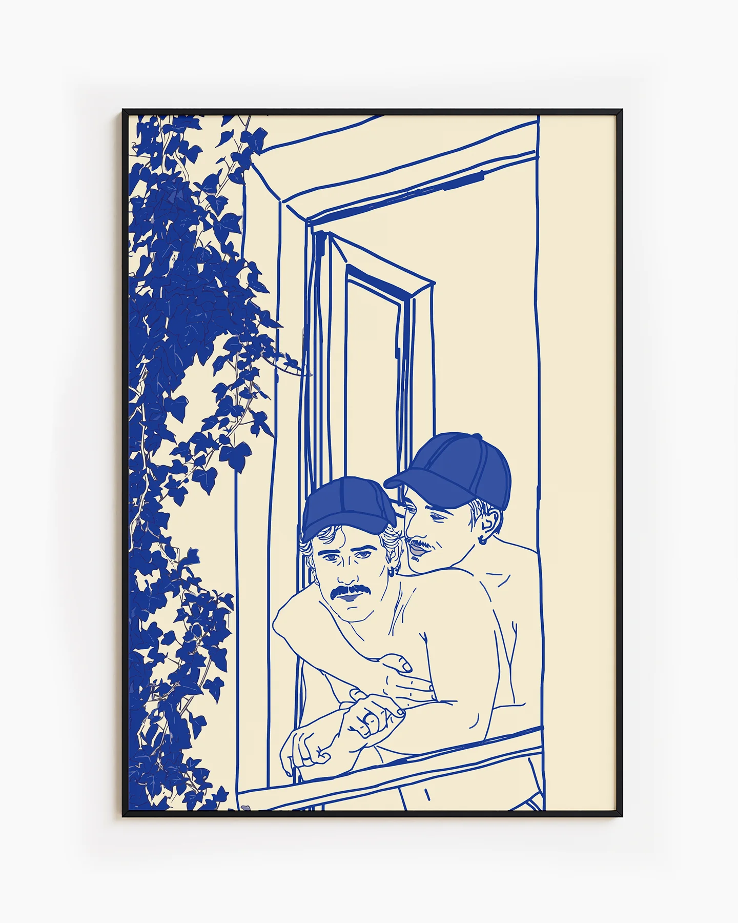 A poster with two gay men hugging from behind on a french balcony, linear style.