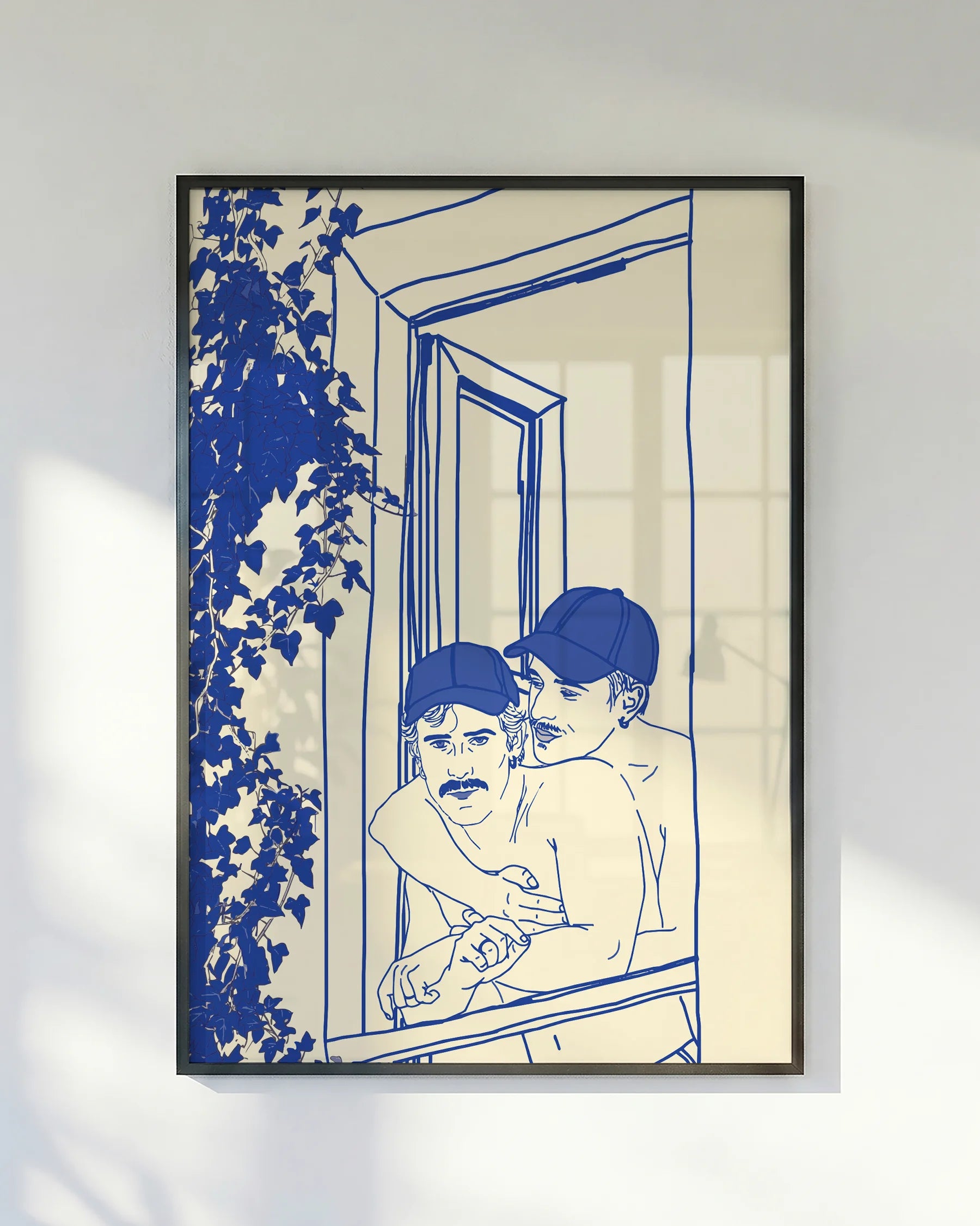 A poster with two gay men hugging from behind on a french balcony, linear style.