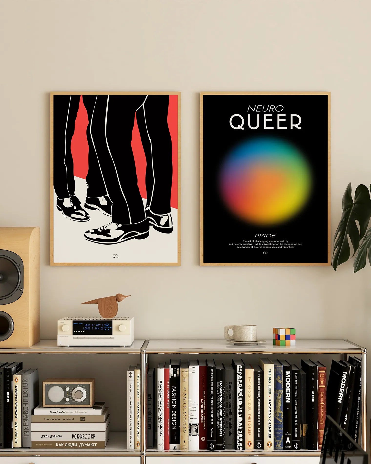 Two framed, abstract posters for a queer couple with pride theme.