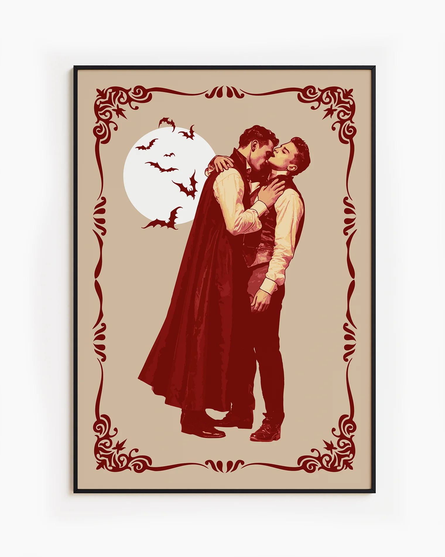 A poster featuring a male vampire kissing another man’s neck, framed by a vintage border, with a full moon and flying bats in the background.