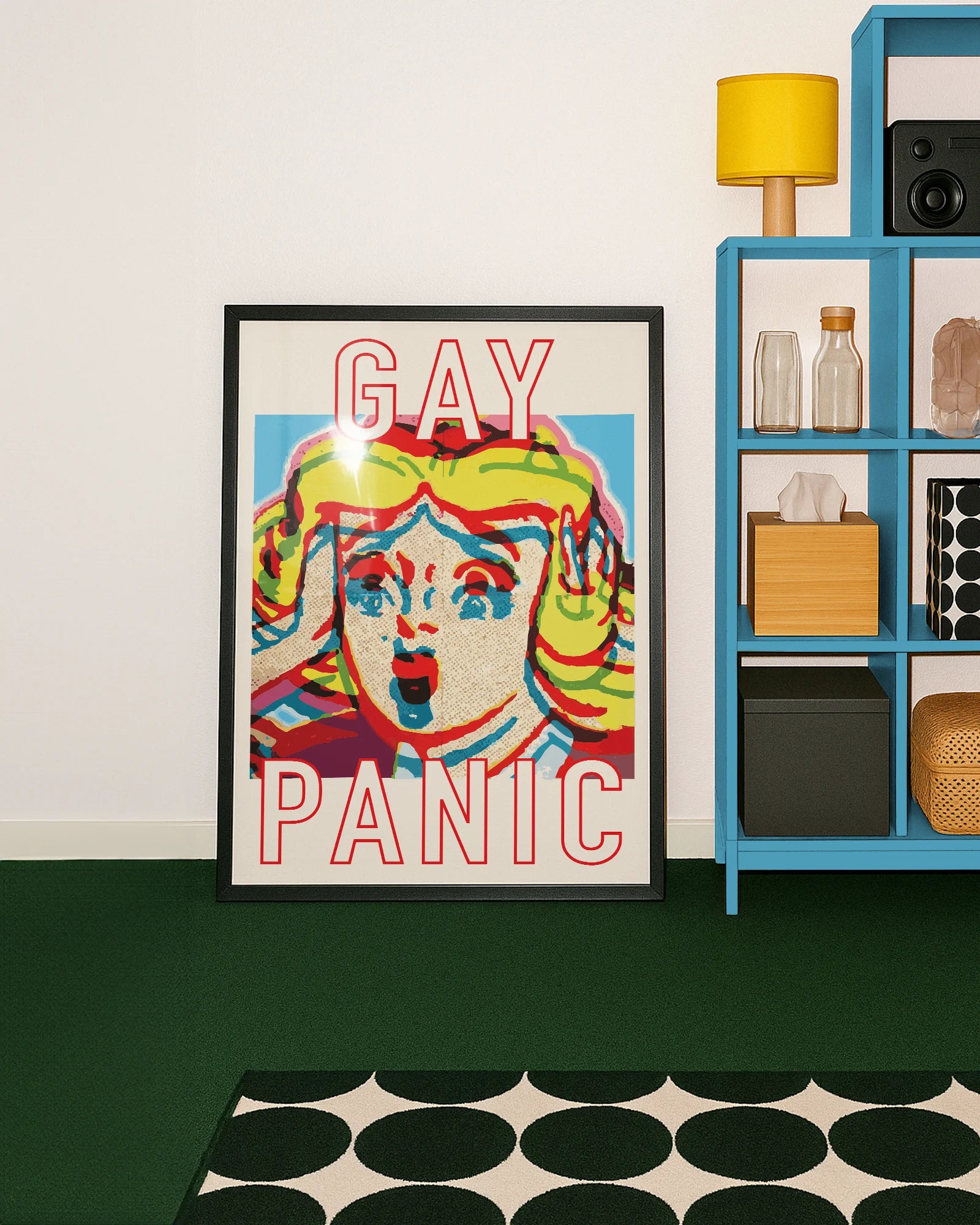 A framed poster featuring a screaming woman in pop art style with the text: *"GAY PANIC"* in red.