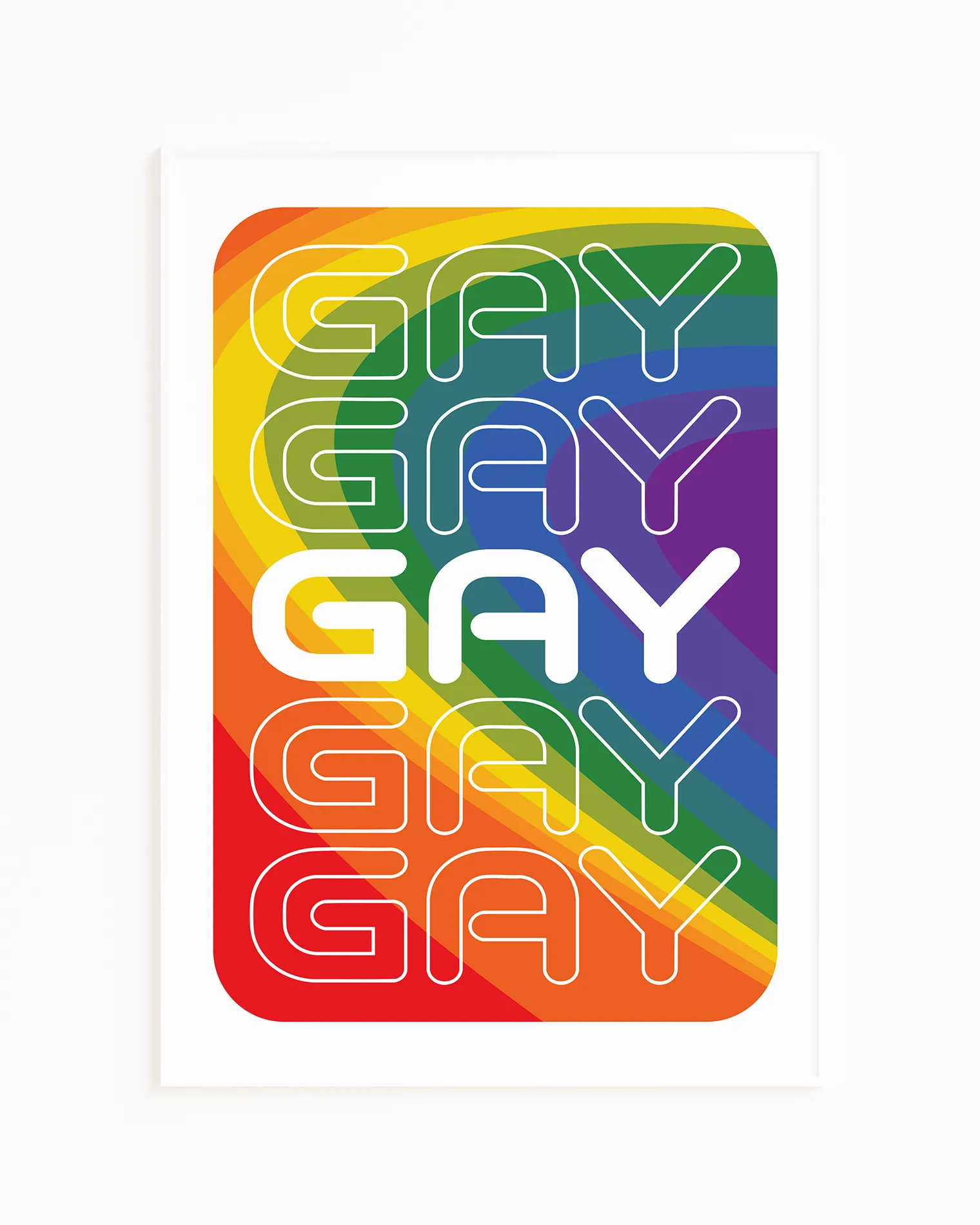 A print with a prideflag in a wavy form, with the text GAY times five.
