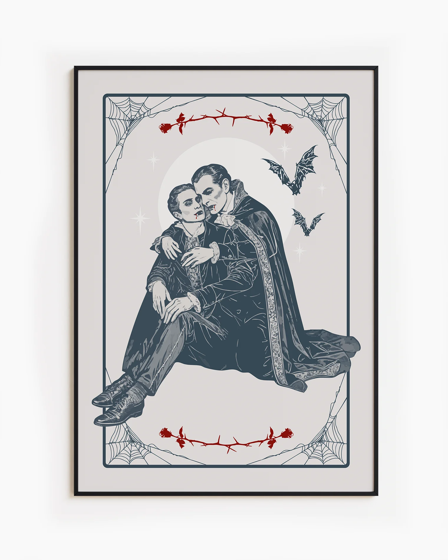 A poster depicting two male vampires embracing each other in a romantic hug, surrounded by a webbed frame, a large white moon, red roses, and flying bats.
