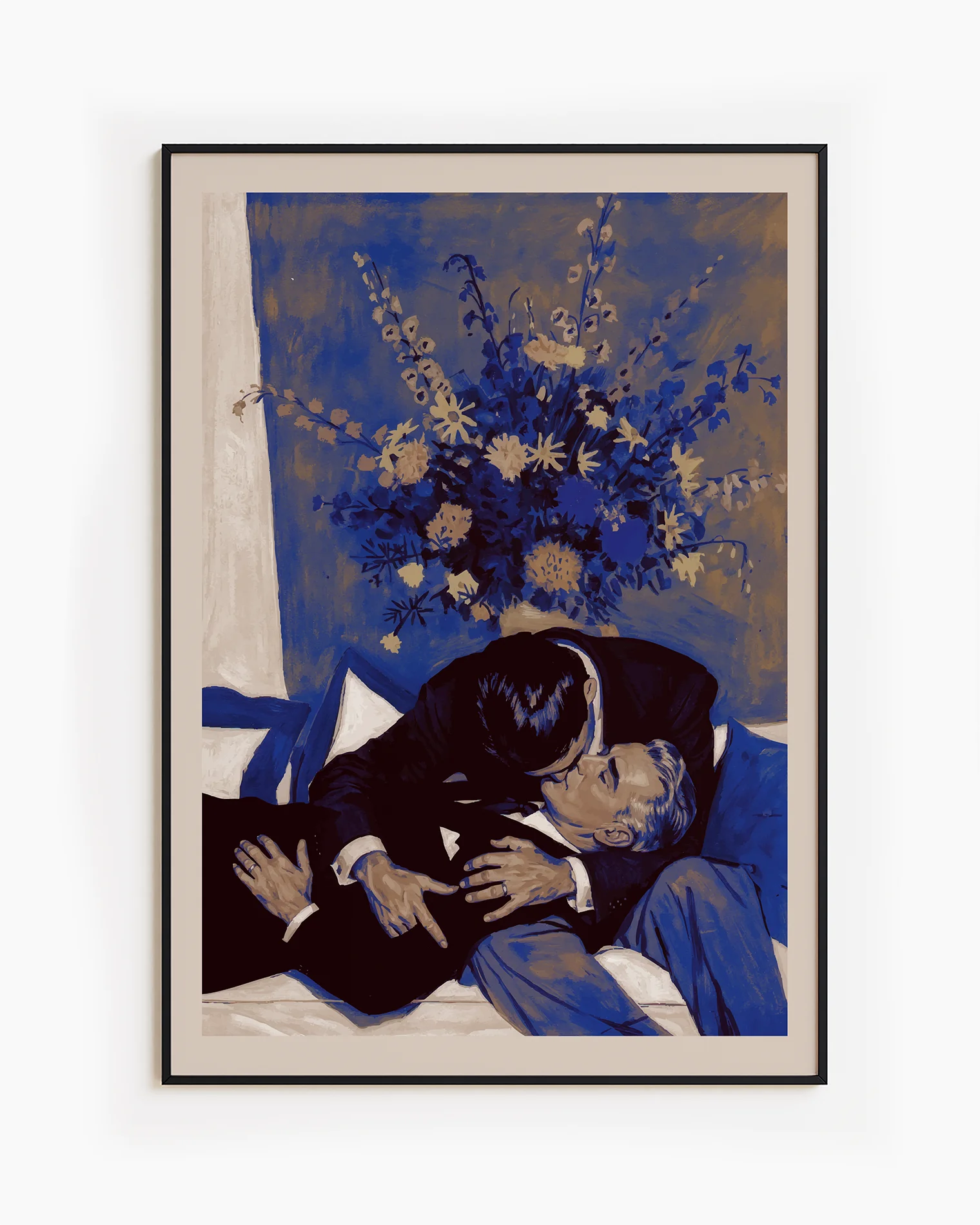 A framed poster with two, older men kissing on a couch.