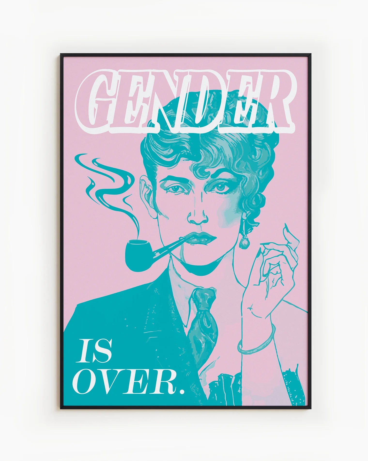 A poster featuring an androgynous person with one half of their face styled femininely and the other half masculinely, alongside the text: “GENDER IS OVER.”