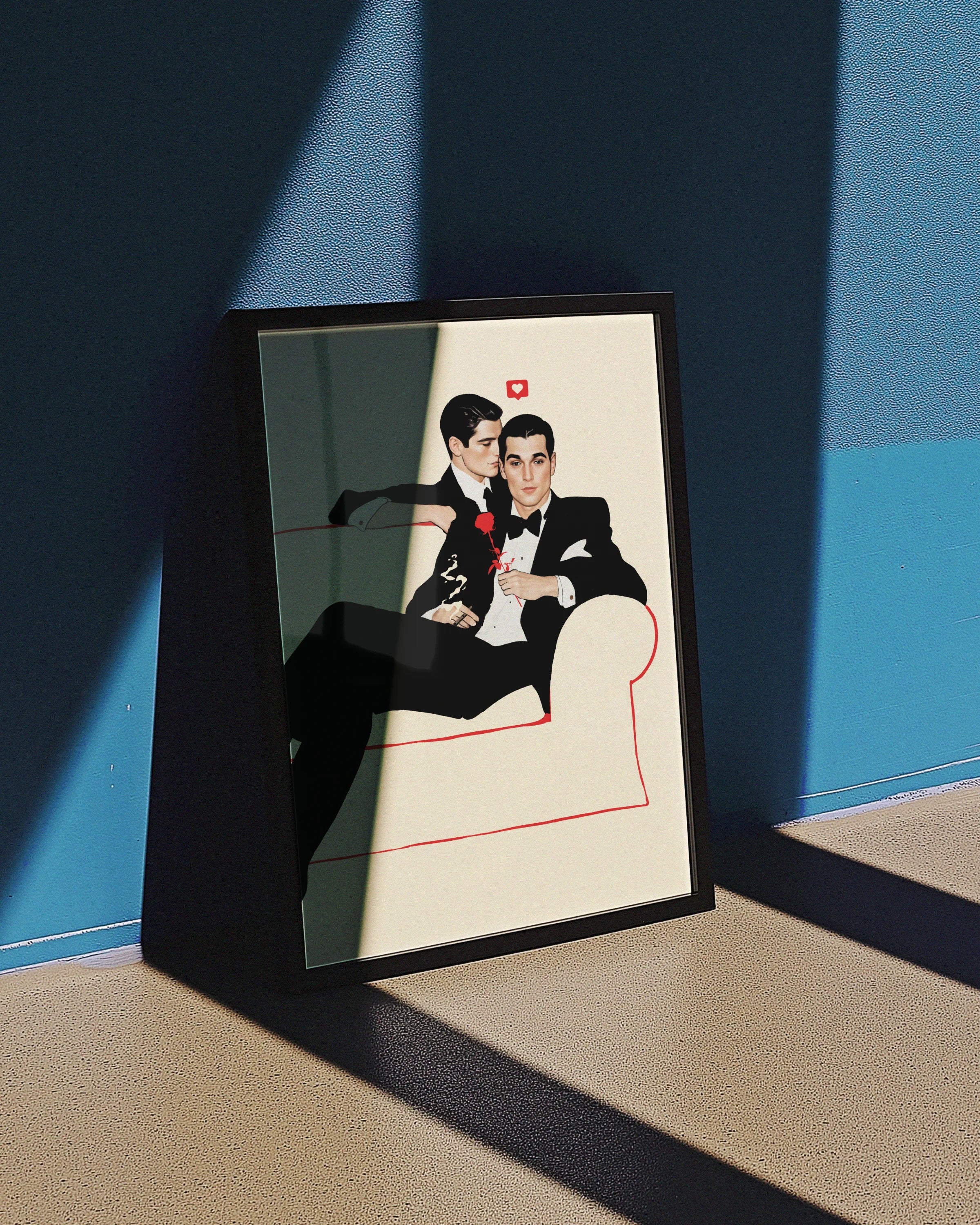 A poster with two fine looking gentleman in suits, cuddling on a couch. Vintage, 60's and elegant style.