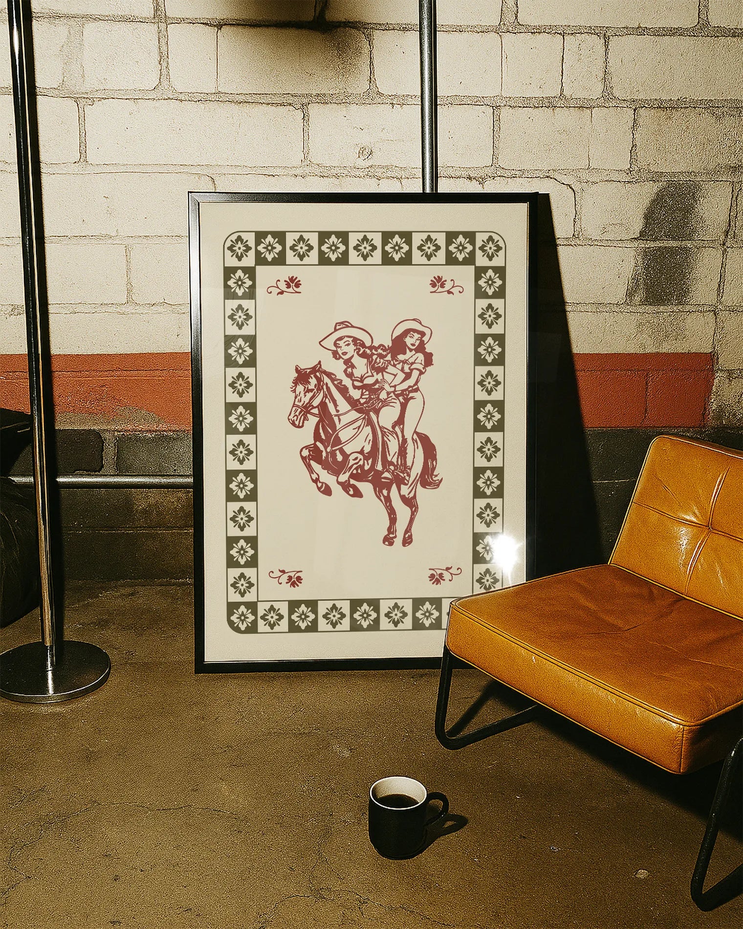 A poster with an illustrated lesbian cowgirls-couple riding a horse.
