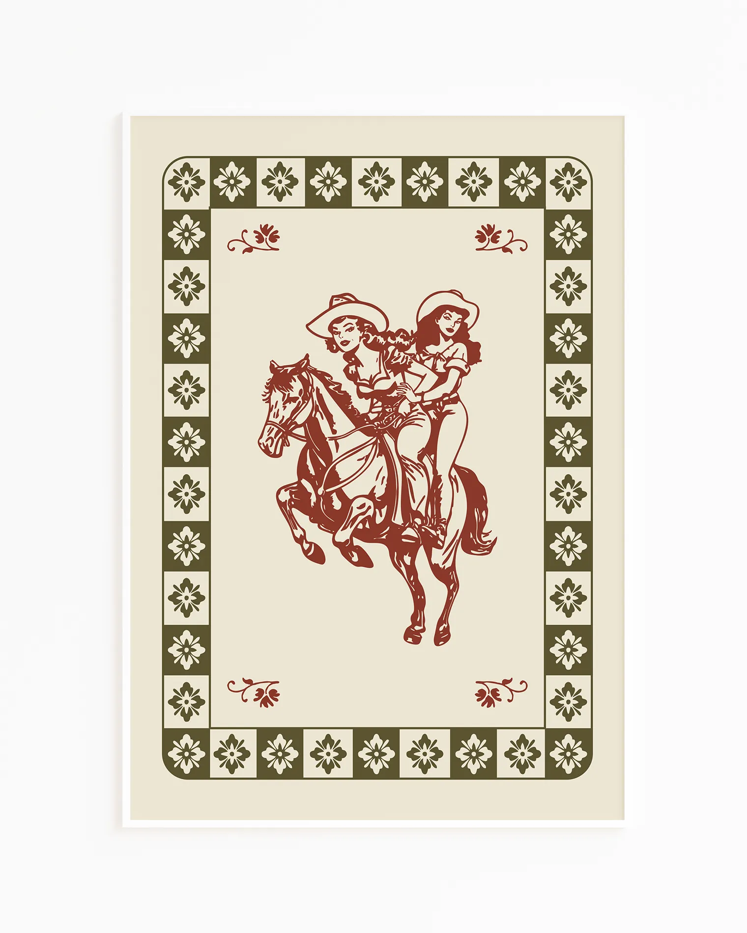 A poster with an illustrated lesbian cowgirls-couple riding a horse.