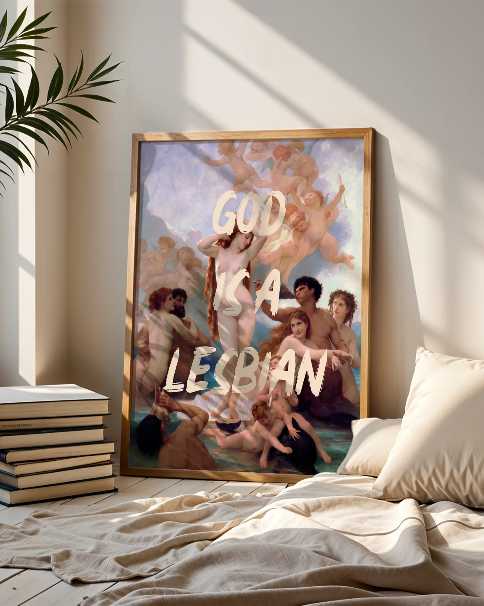 A print with a group of naked people, surrounding a named woman in the style of Coquette, oil painting with the text 'GOD IS A LESBIAN'.