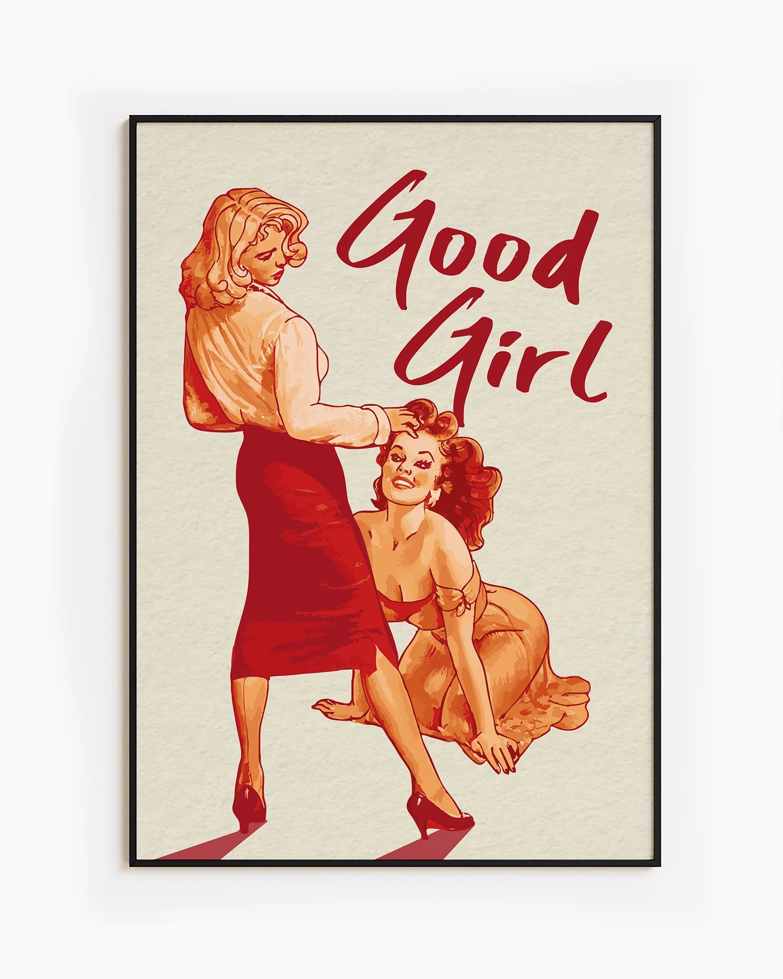 The poster depicting a woman standing in front of her lover, who kneels and looks up at her with a smile, accompanied by the text 'Good Girl'.
