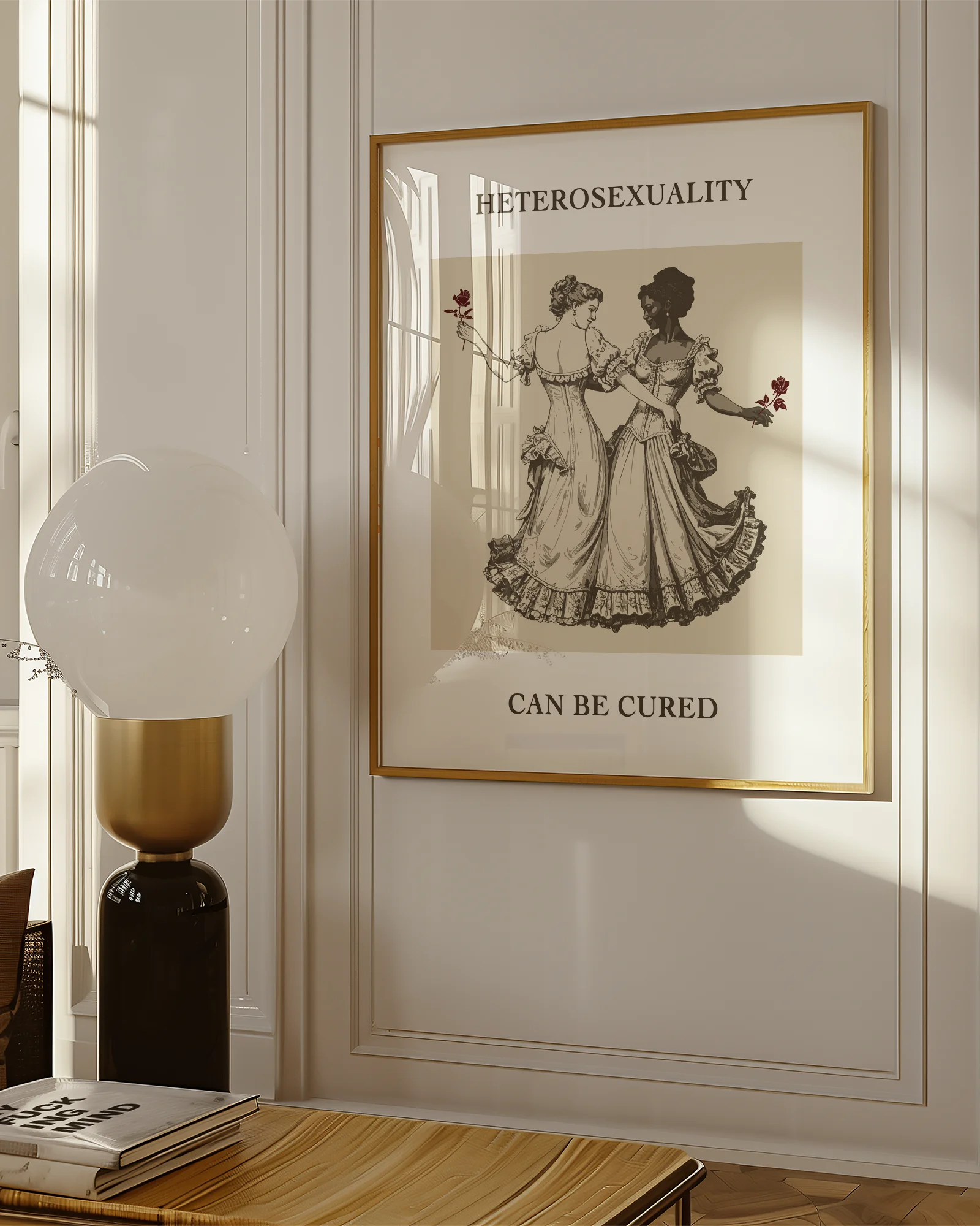 A poster with two lesbian women dancing together in a Victorian-era setting, accompanied by the powerful message:
"HETEROSEXUALITY CAN BE CURED."