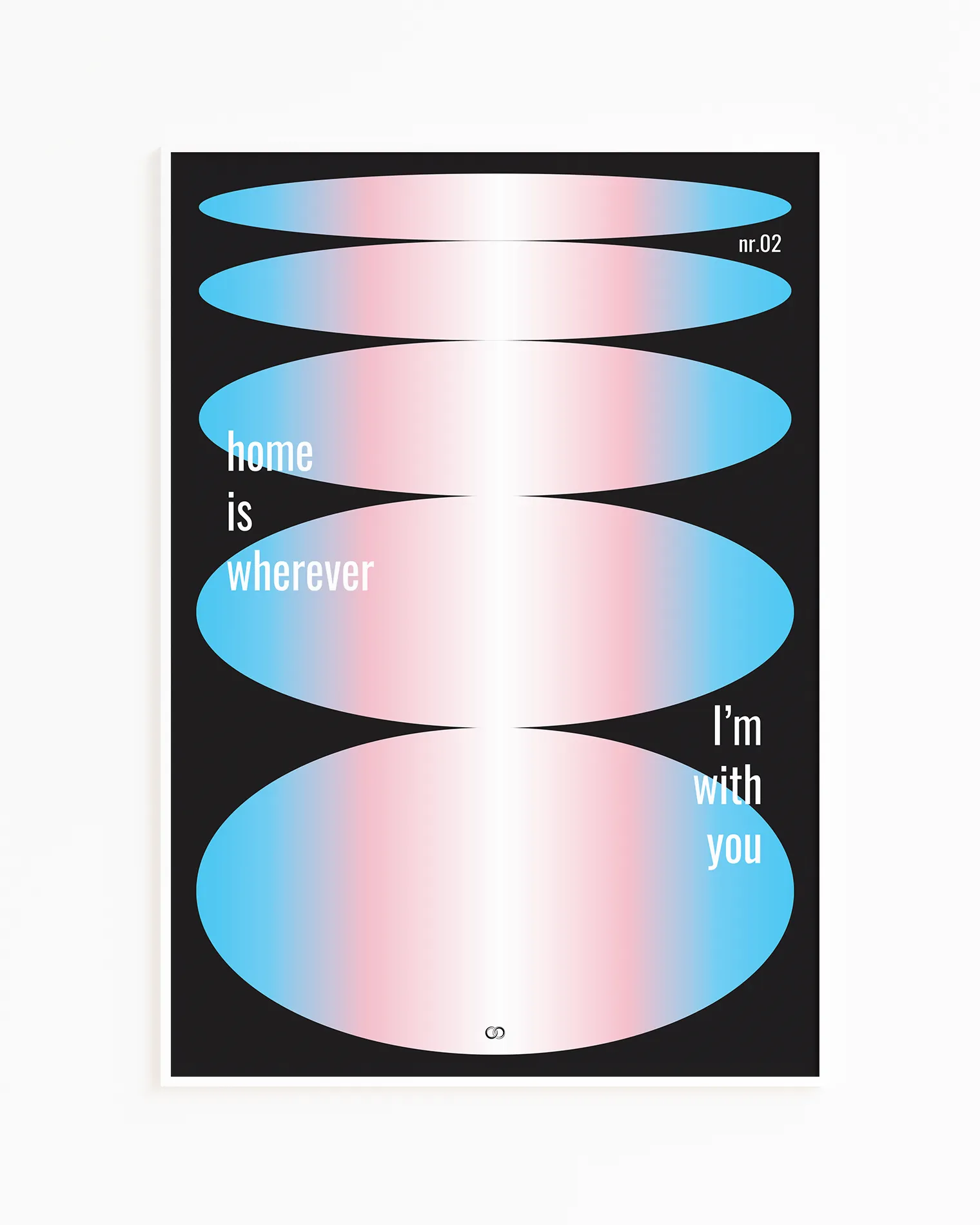 A retro inspired poster with oval forms in trans colours and text 'home is wherever I'm with you'.