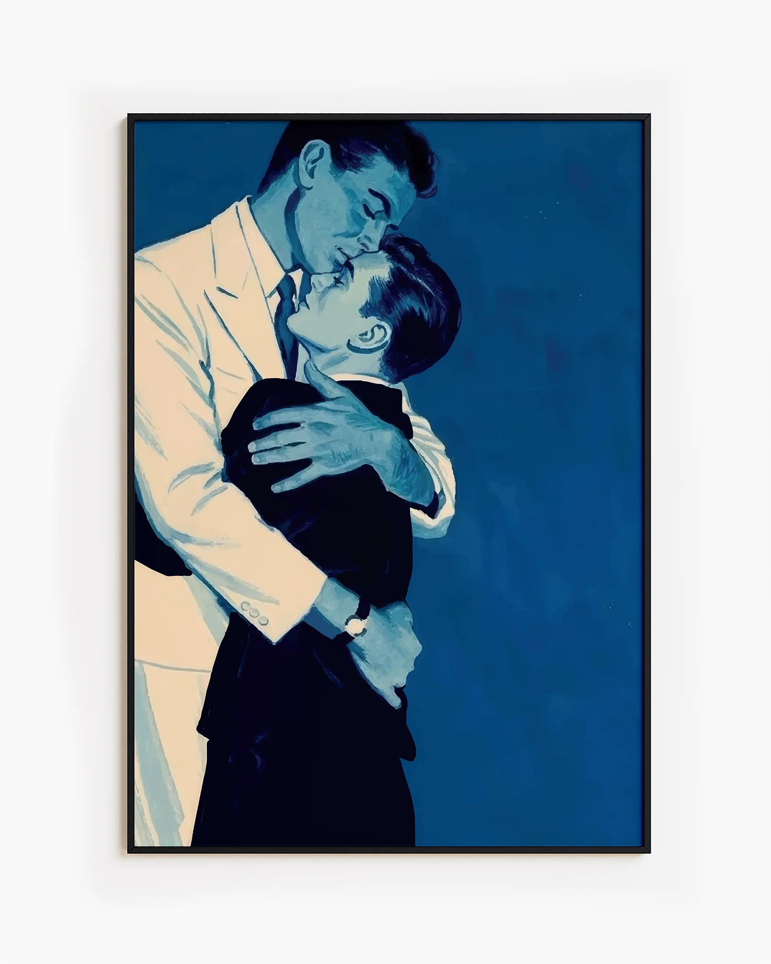 A framed print with two gay men hugging tightly, vintage 1940's style.