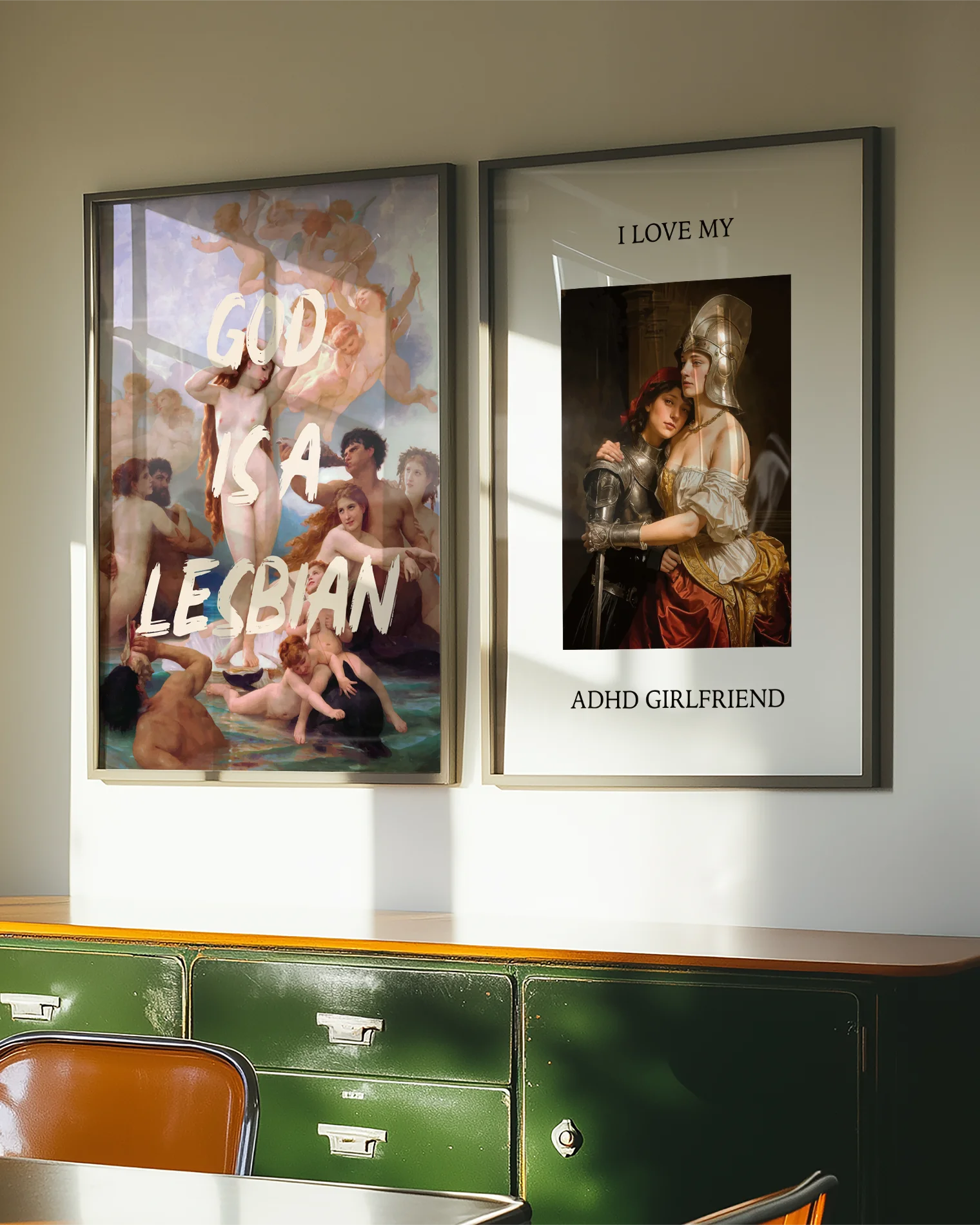 A poster showing a woman leaning against her girlfriend’s chest, both dressed in silver armor, with the text: “I LOVE MY ADHD GIRLFRIEND.”