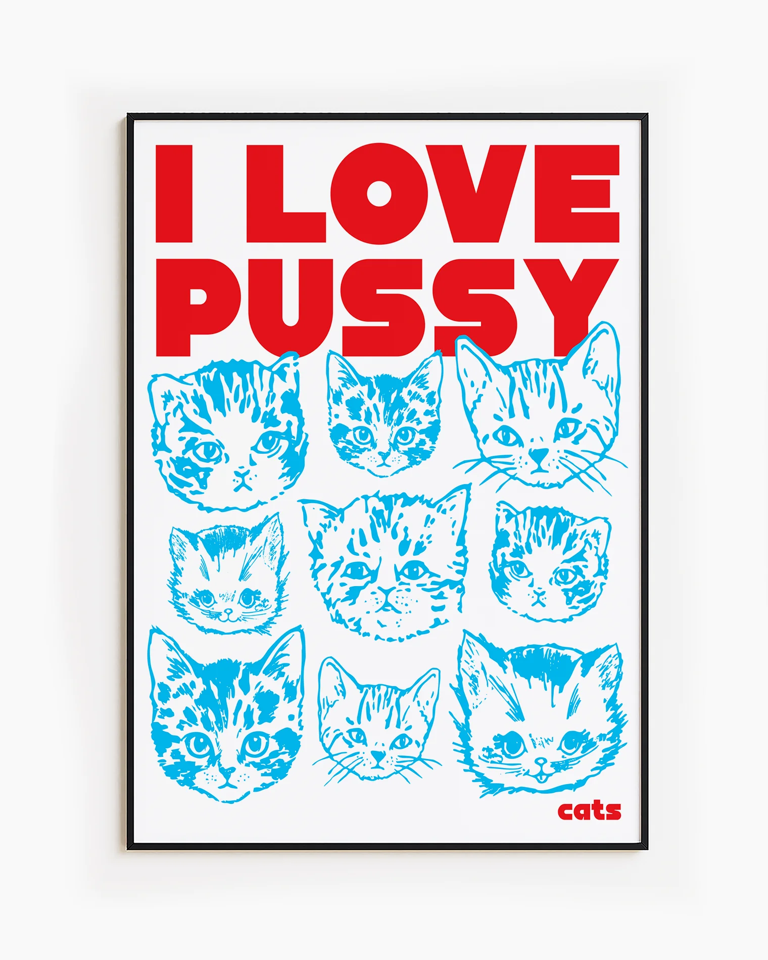 A framed poster with nine catheads and the text 'I LOVE PUSSY....cats'.