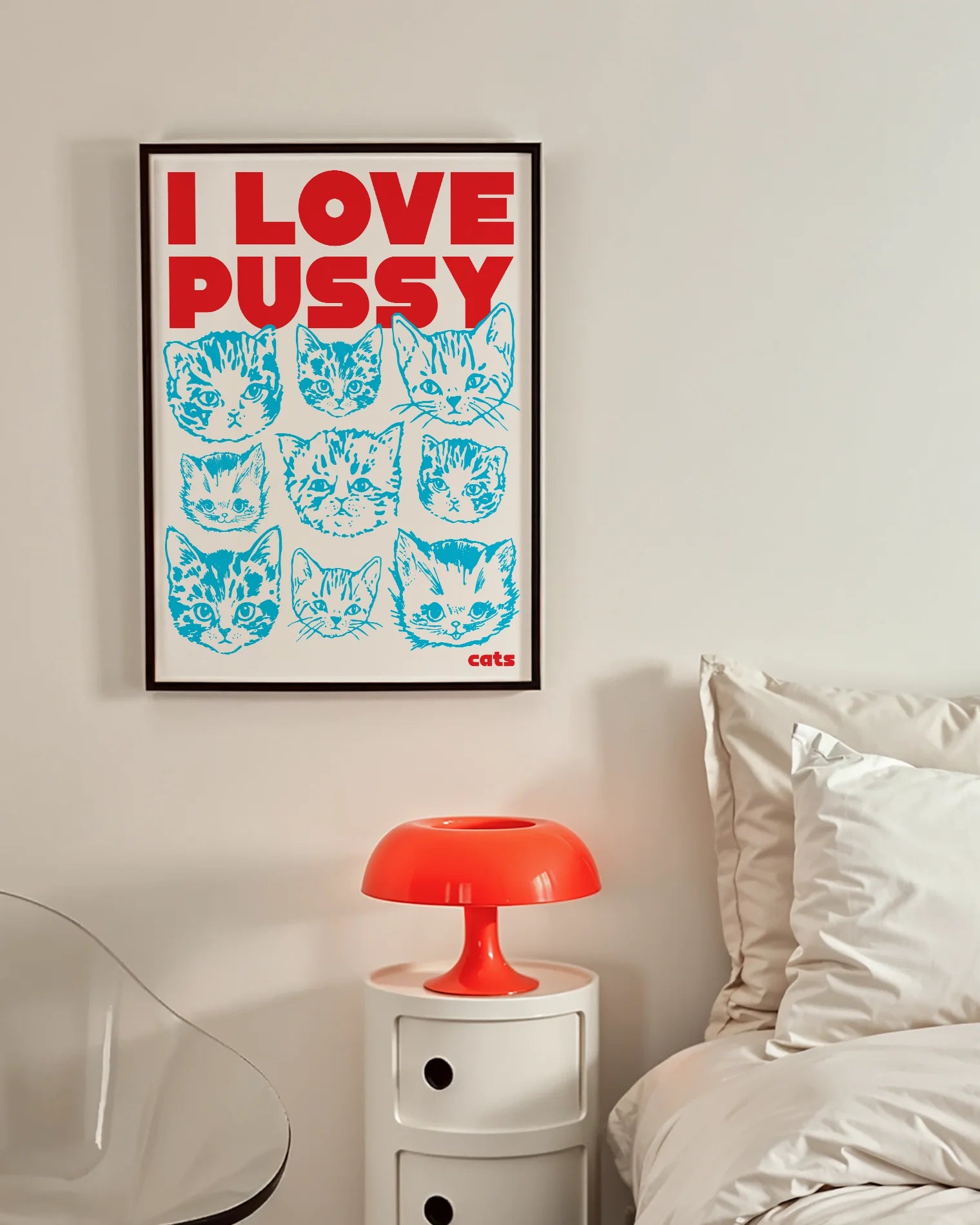 A framed poster with nine catheads and the text 'I LOVE PUSSY....cats'.