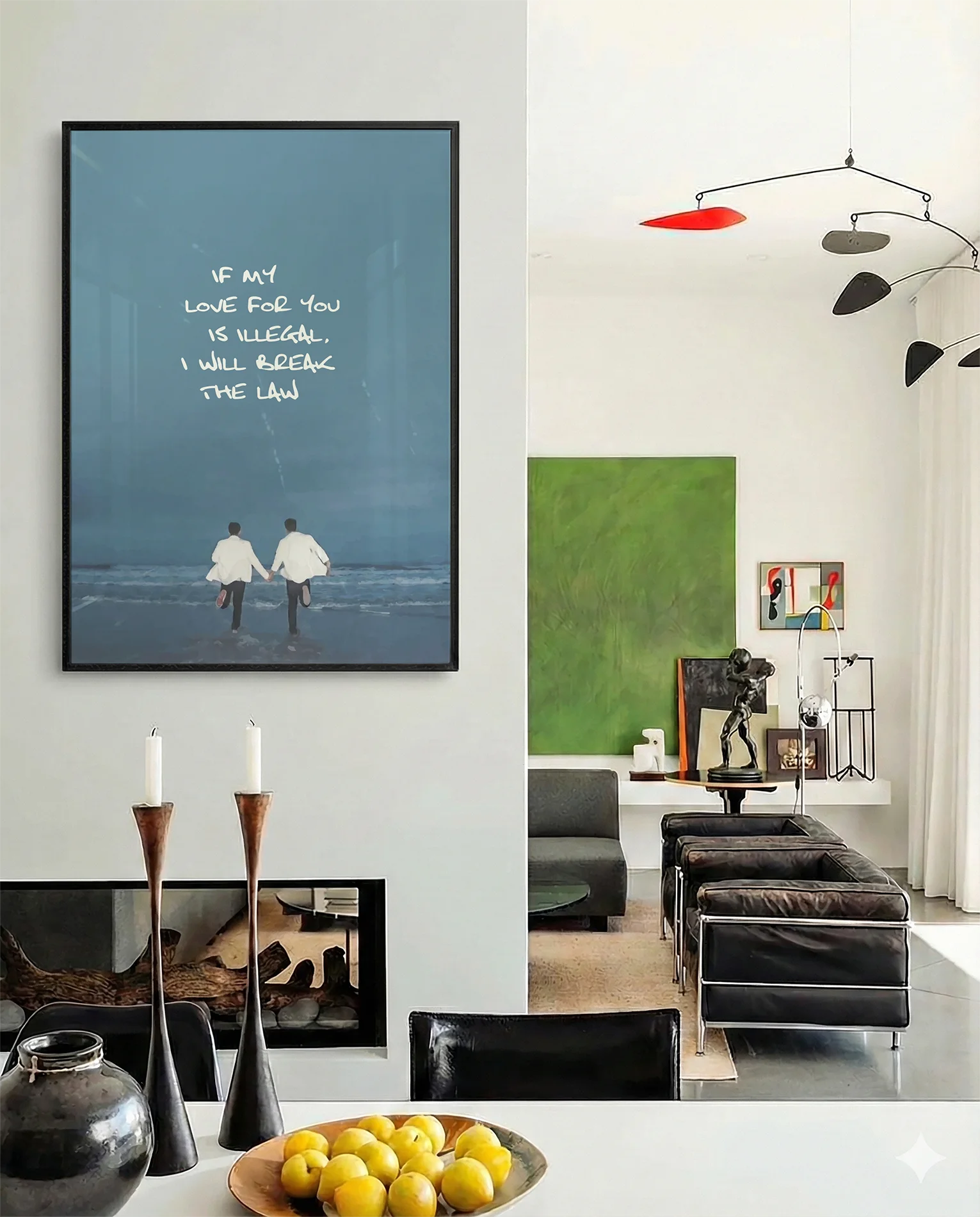 En poster som föreställer två män som springer hand i hand mot havet med texten 'IF MY LOVE FOR YOU IS ILLEGAL, I WILL BREAK THE LAW'.