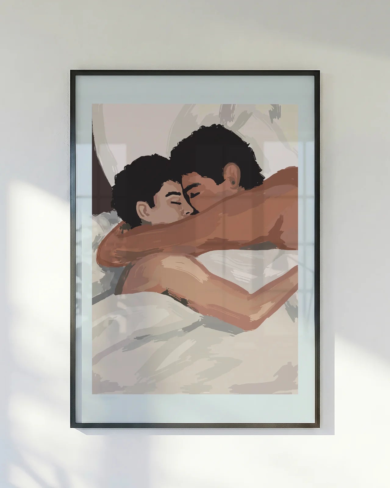 A romantic gay poster of two men slumbering in a bed.