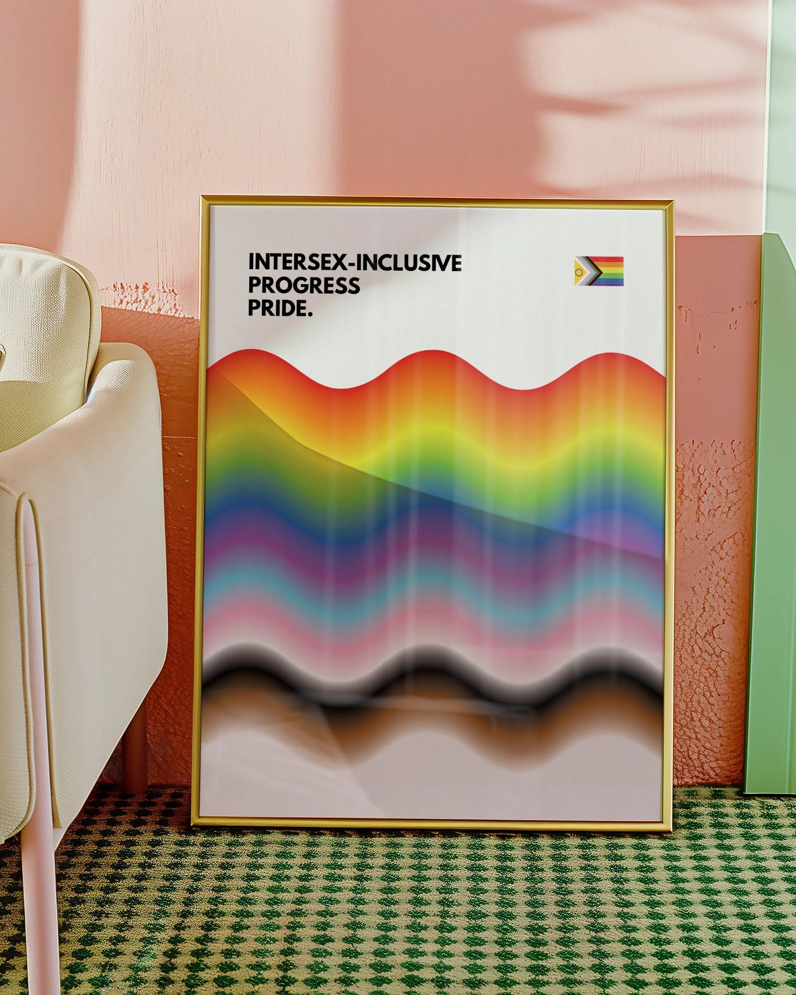 A print with the progress pride flag in a wavy, abstract form together with the text 'Intersex-Inclusive Progress Pride.'