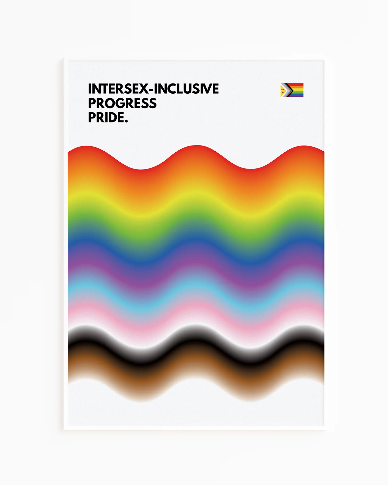 A print with the progress pride flag in a wavy, abstract form together with the text 'Intersex-Inclusive Progress Pride.'