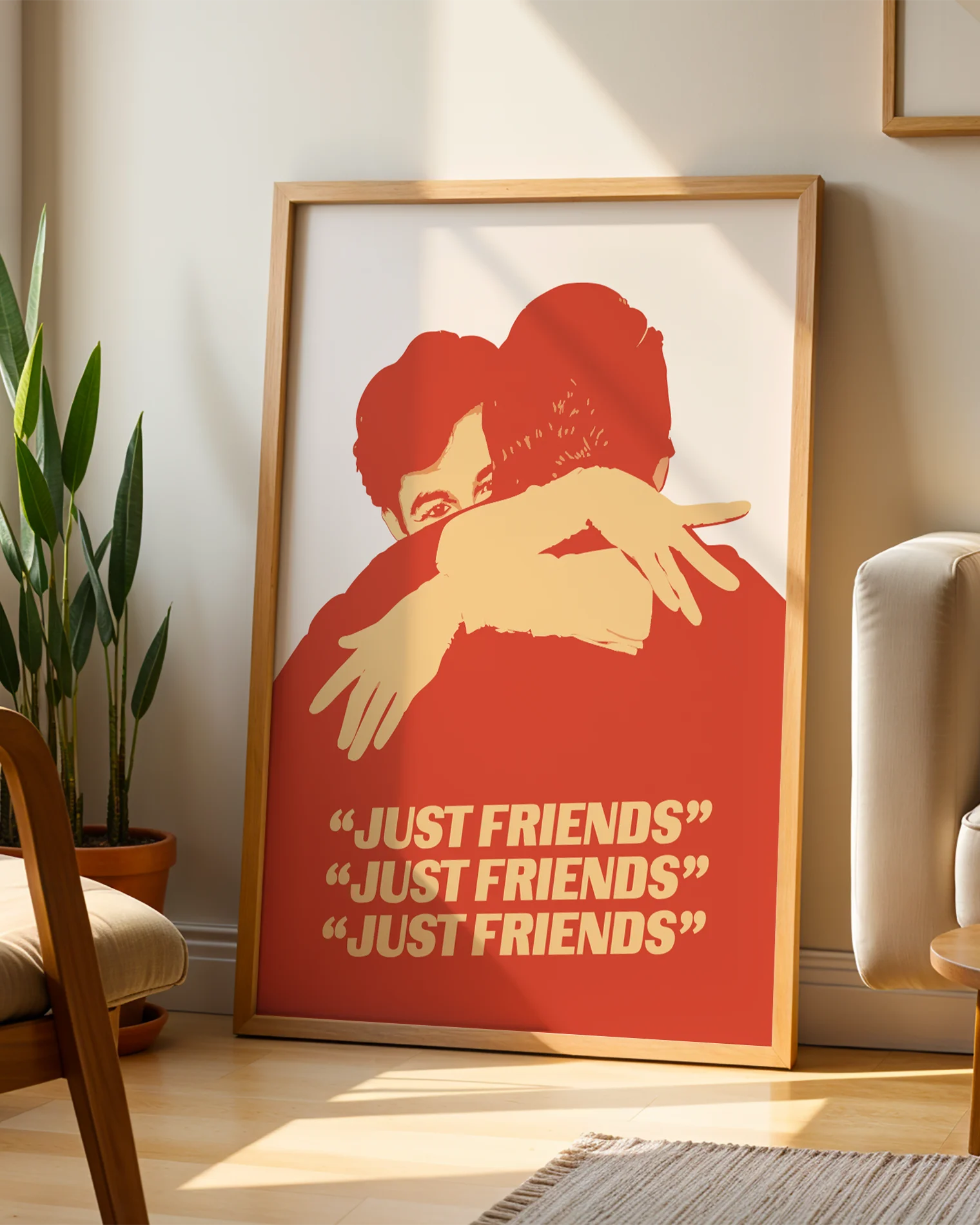 A poster with two illustrated, gay men hugging tight, with the text 'JUST FRIENDS'.