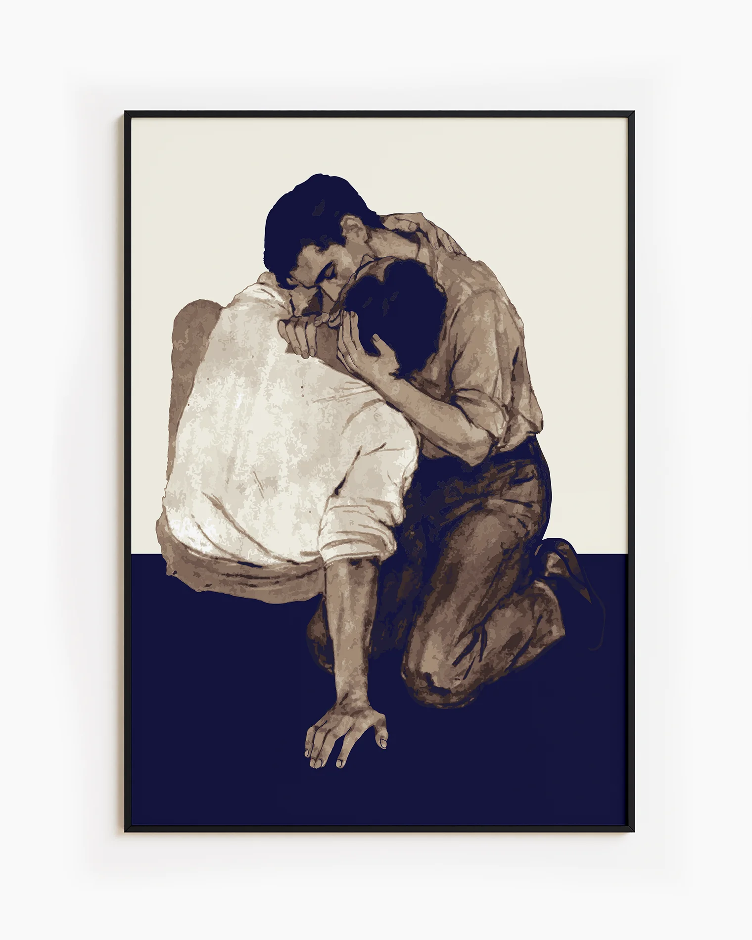 A poster with two men kissing on the floor.