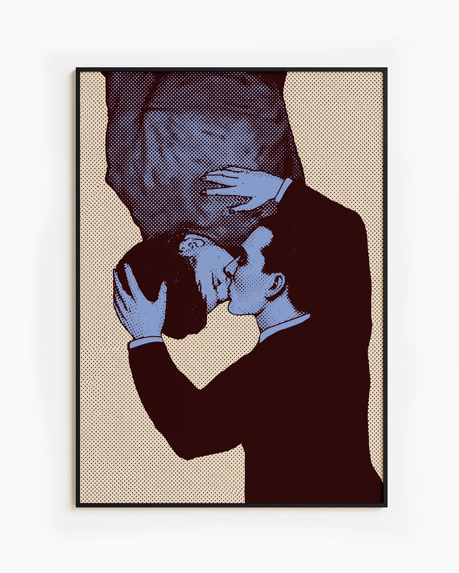 A framed poster with two gay men kissing, pop art style.