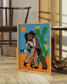 A print with two illustrated kissing cowboys in the wild west.