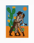 An illustrated print with a lesbian cowgirl couple kissing in the desert.