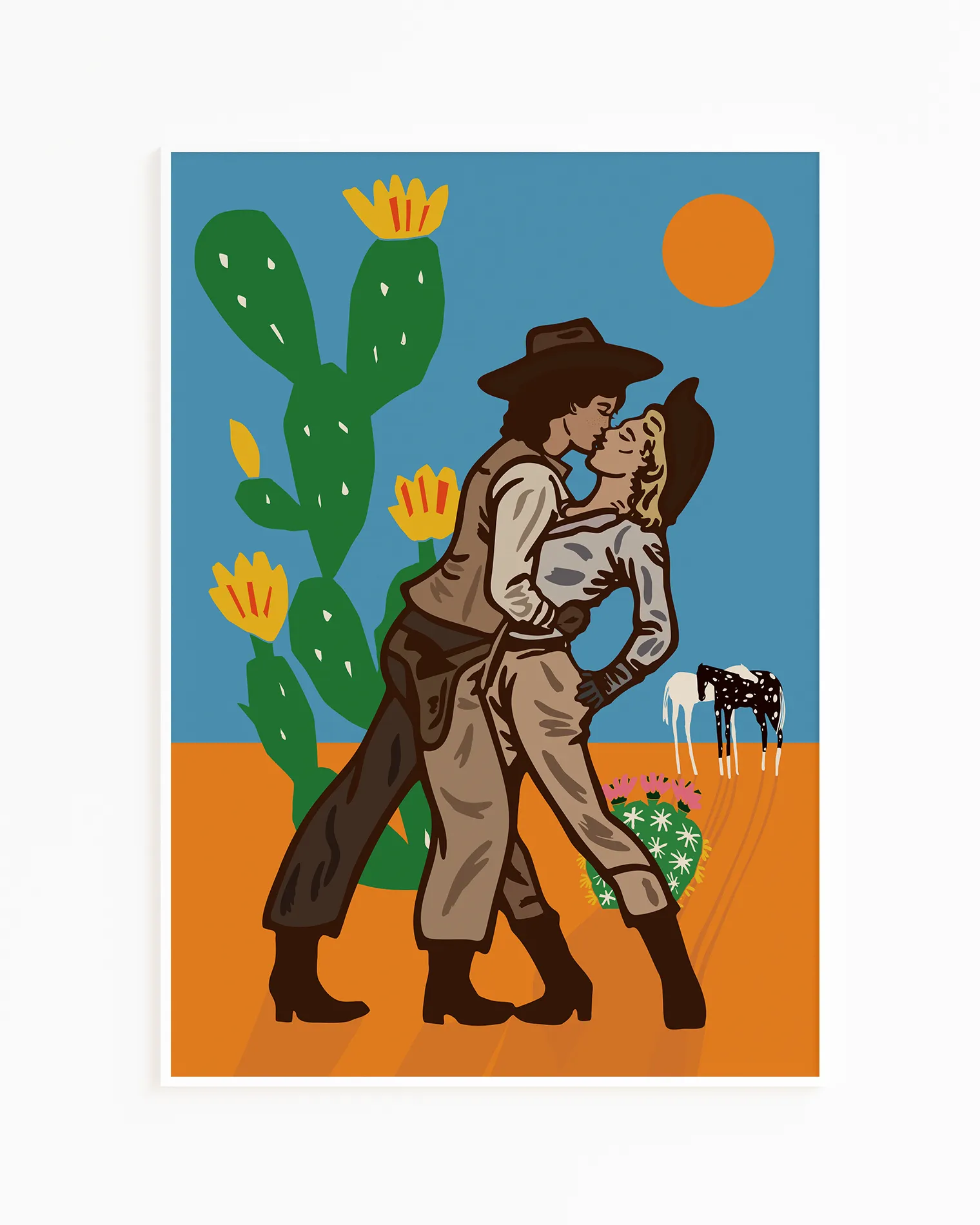 An illustrated print with a lesbian cowgirl couple kissing in the desert.