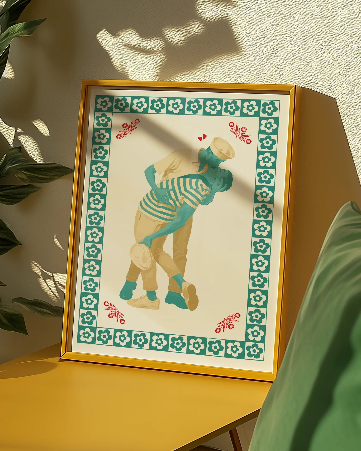 A poster featuring two gay sailor men locked in a passionate kiss, surrounded by a frame of soft flowers.