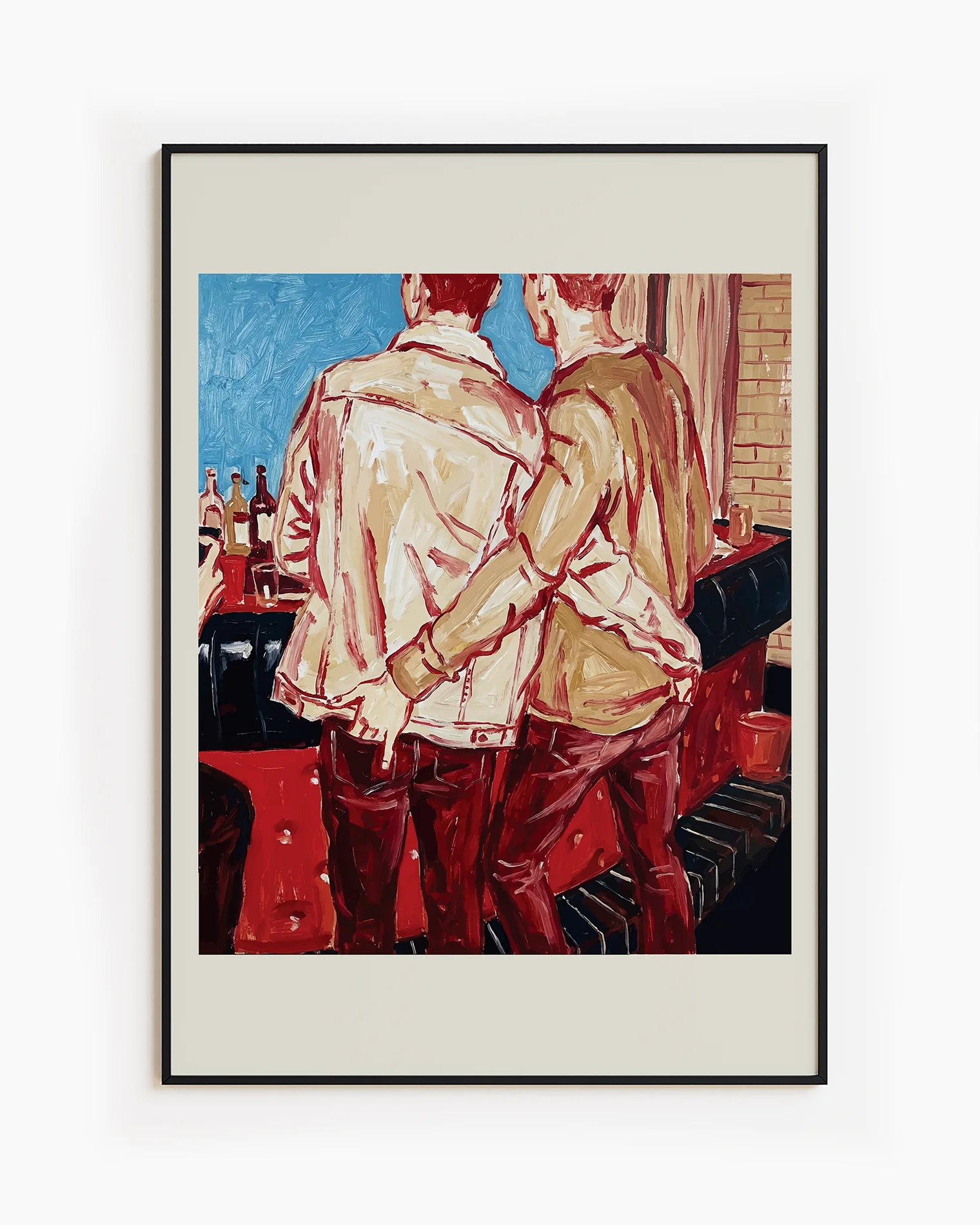 A framed poster with two gay men in a bar, ordering a drink with their hand in each other's backpockets.