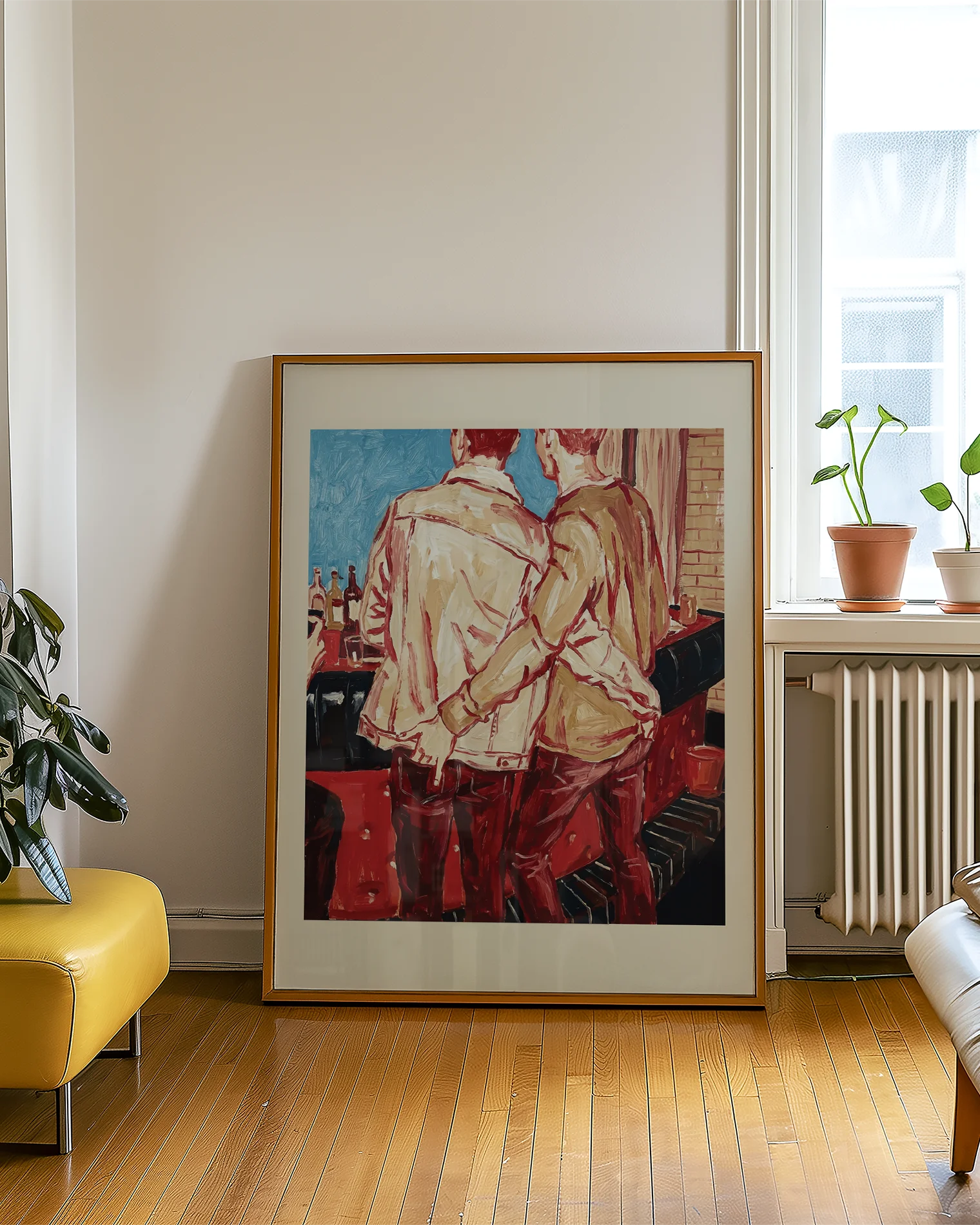 A framed poster with two gay men in a bar, ordering a drink with their hand in each other's backpockets.