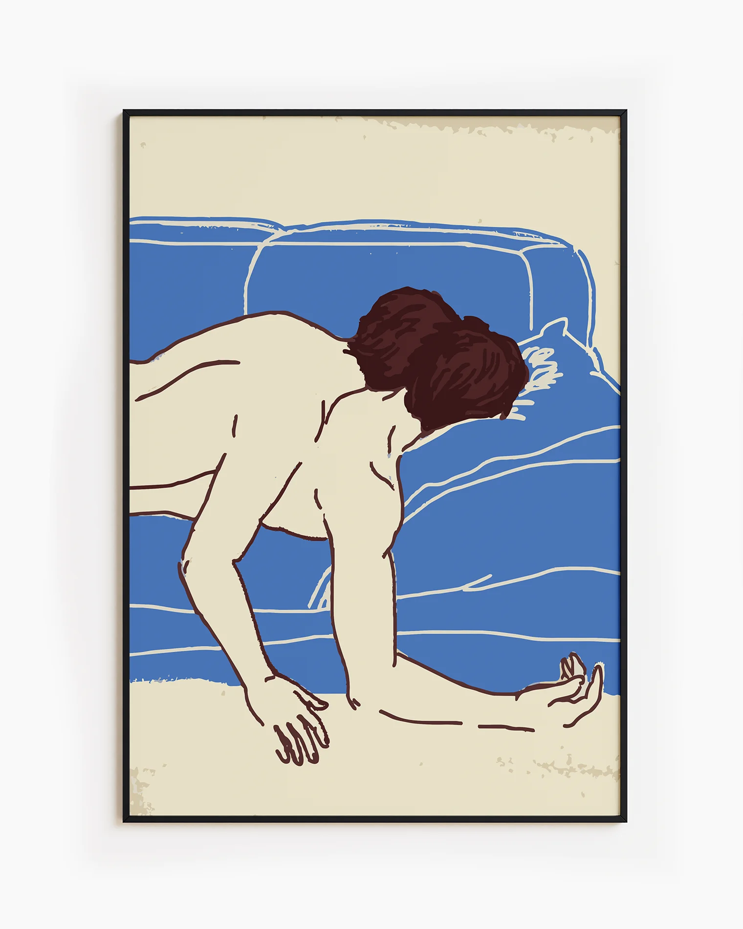 A framed poster with two naked men laying on top of each other on a couch, illustrated style.