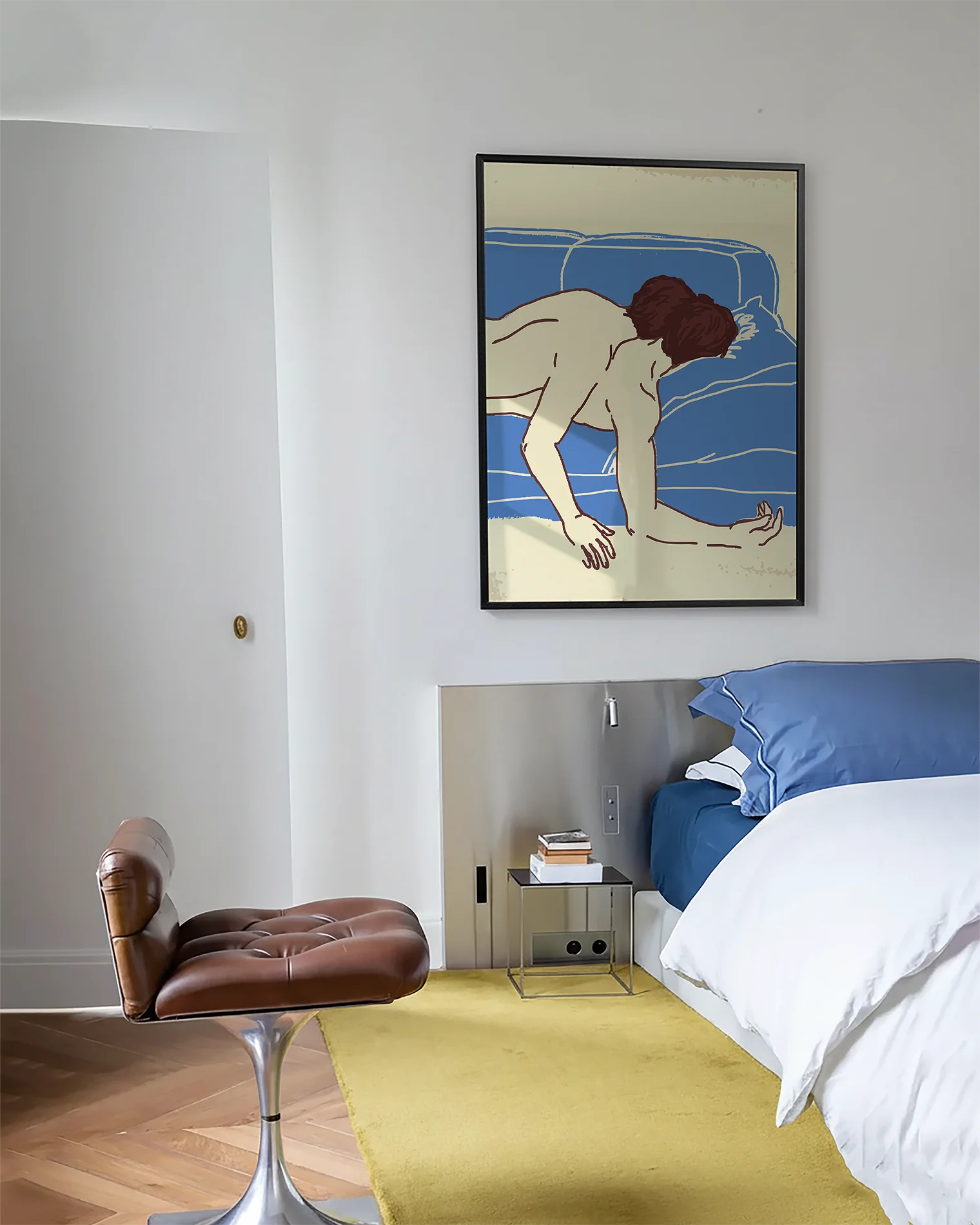 A framed poster with two naked men laying on top of each other on a couch, illustrated style.