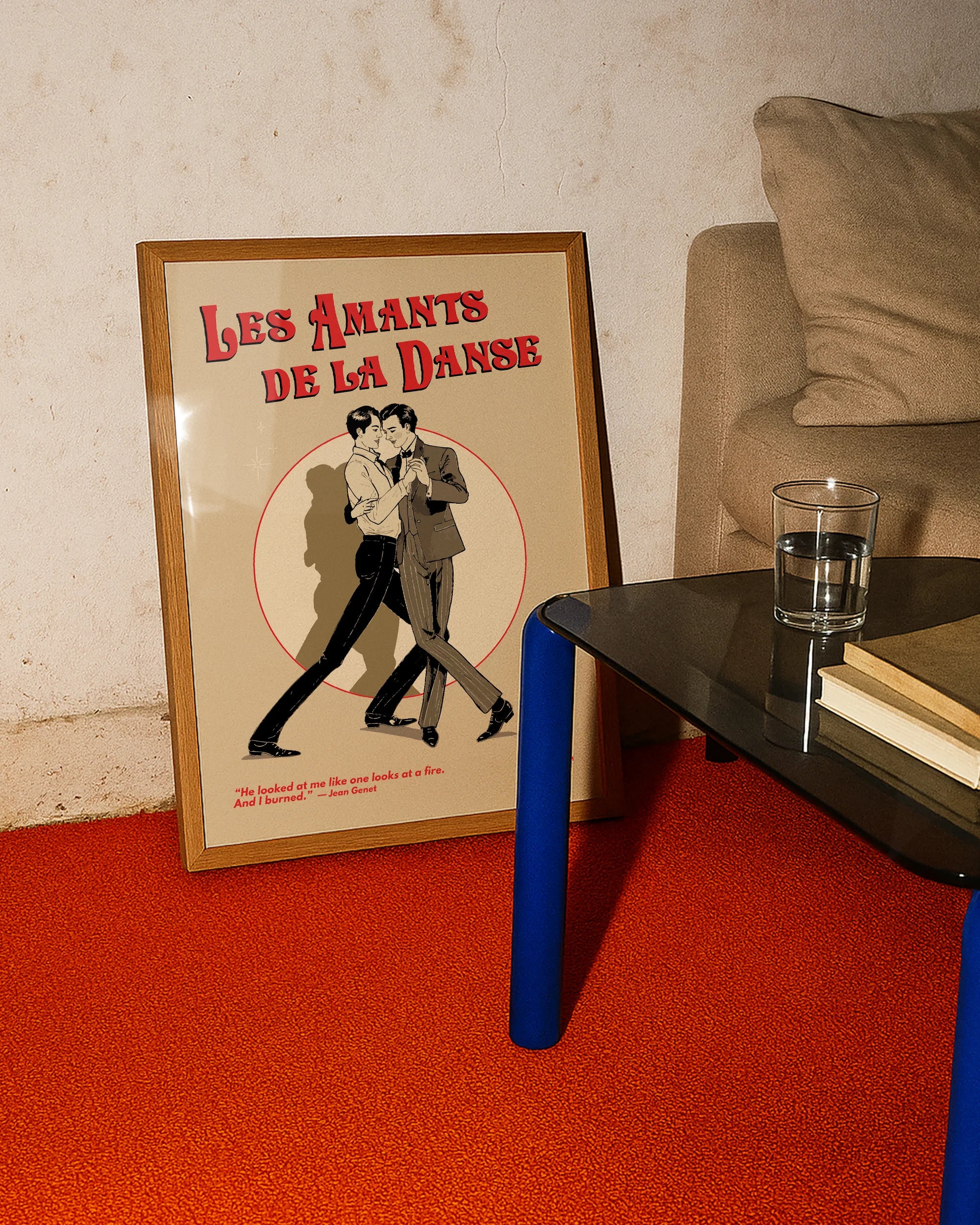 A vintage poster with two illustrated gay men dancing, with the text 'Les Amants De La Danse'.