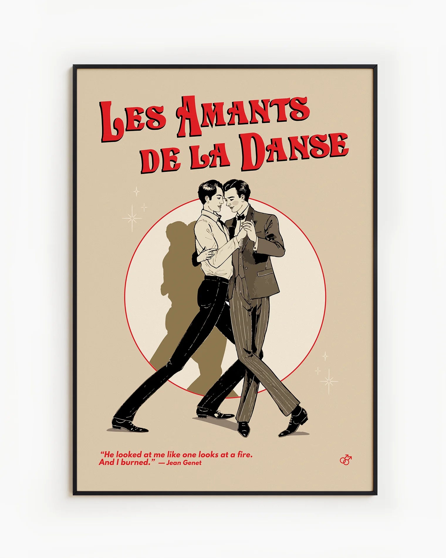 A vintage poster with two illustrated gay men dancing, with the text 'Les Amants De La Danse'.